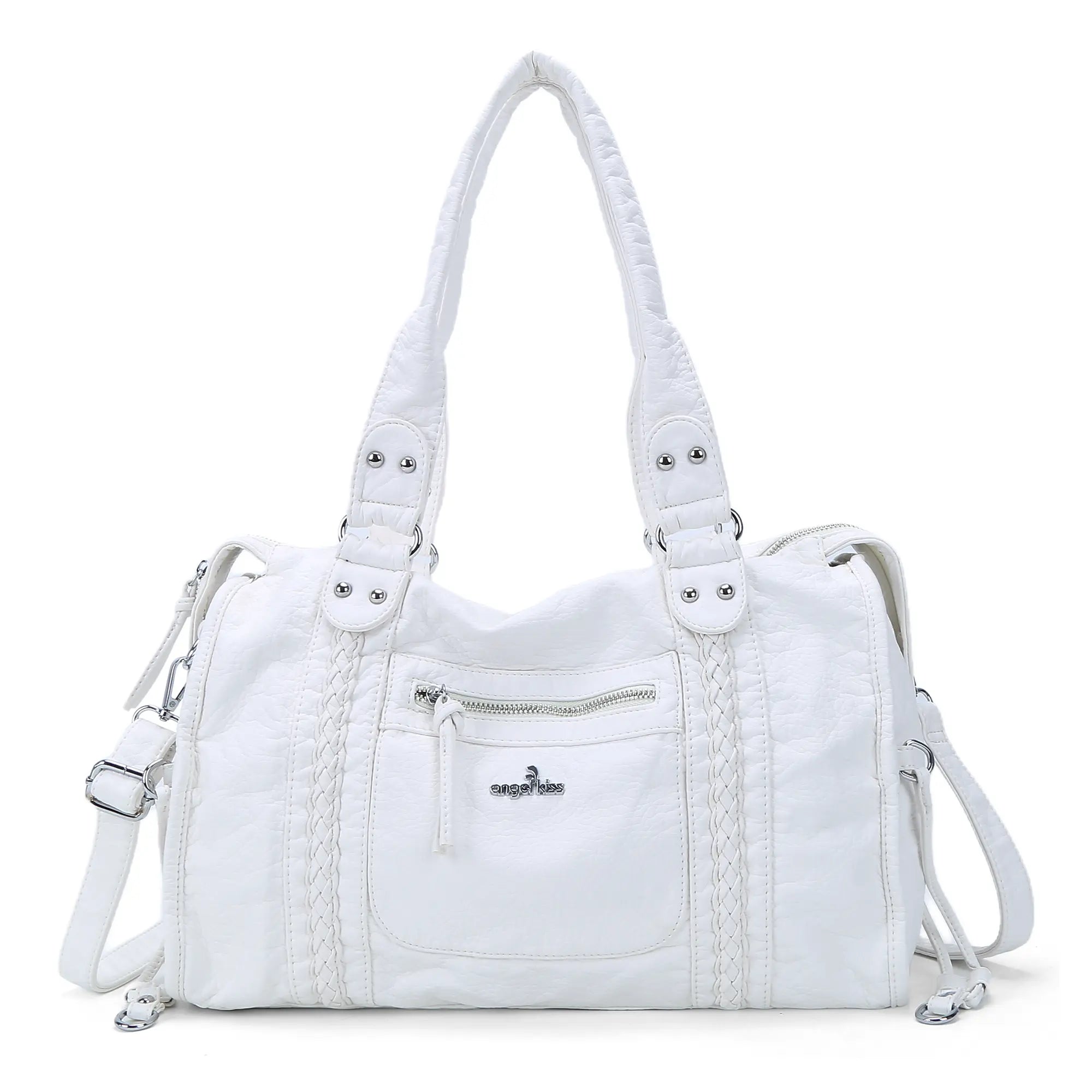Distressed Braided Multi-Pocket Satchel Bag with Top Handles