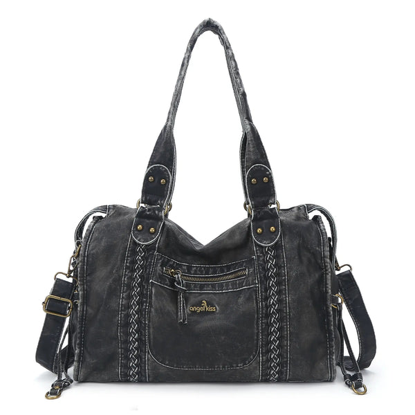 Distressed Braided Multi-Pocket Satchel Bag with Top Handles