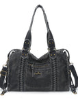 Distressed Braided Multi-Pocket Satchel Bag with Top Handles
