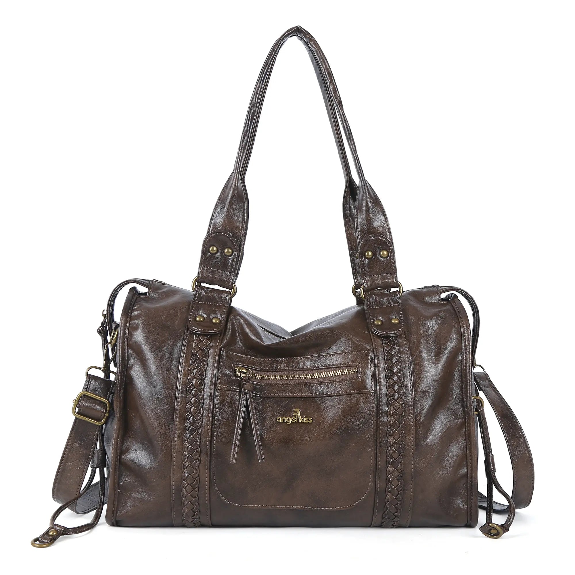 Distressed Braided Multi-Pocket Satchel Bag with Top Handles
