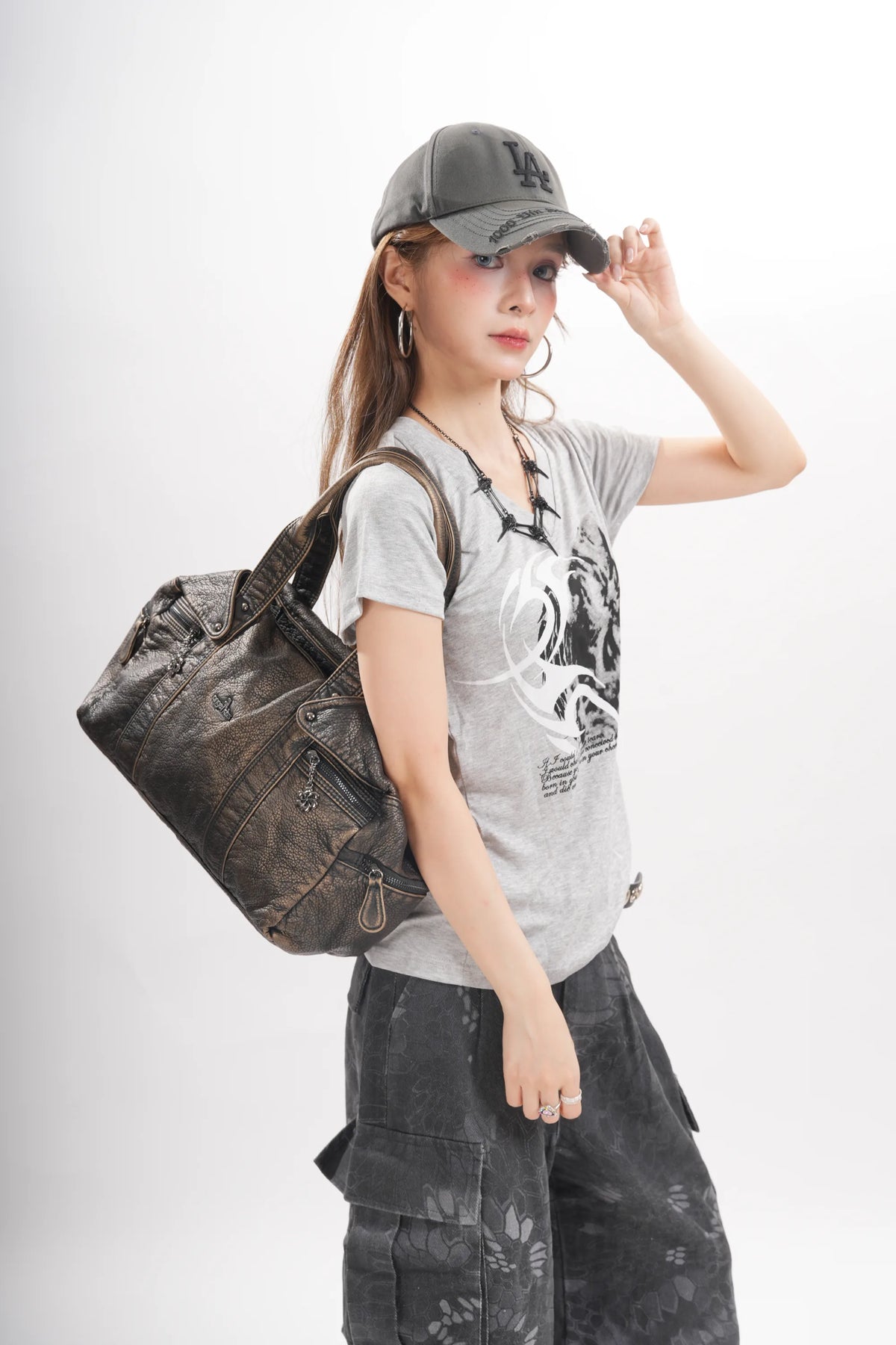 Distressed Multi-Zip Bowler Shoulder Bag