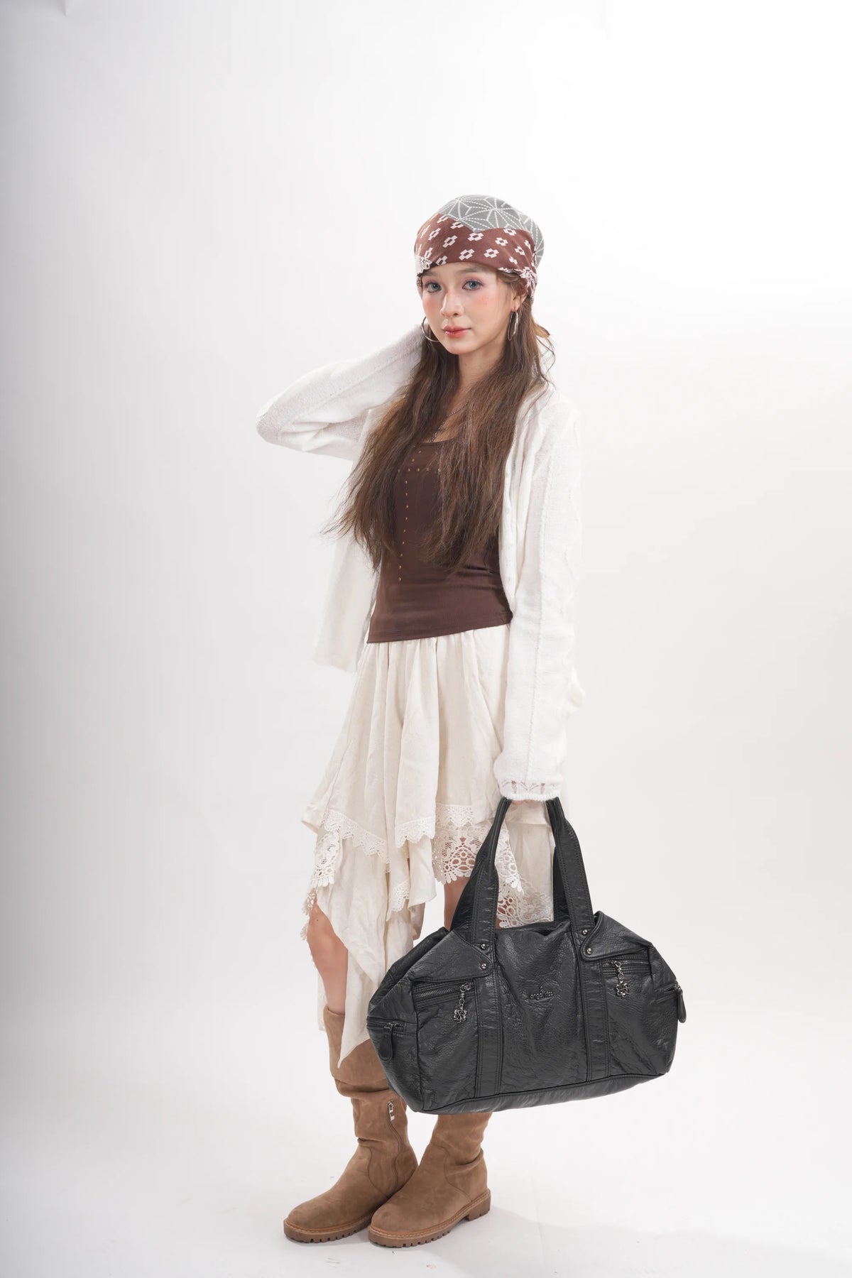 Distressed Multi-Zip Bowler Shoulder Bag