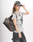 Distressed Multi-Zip Bowler Shoulder Bag