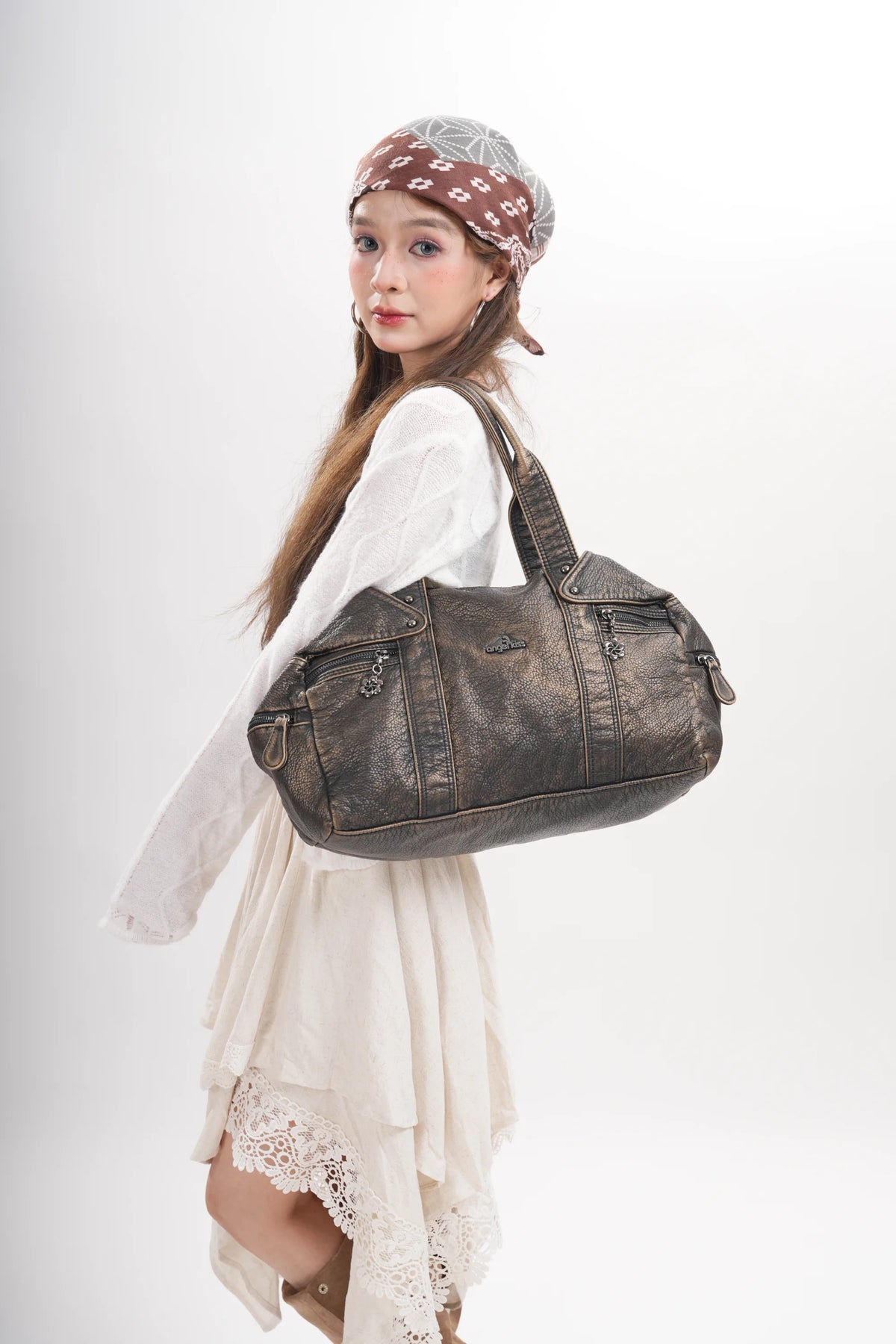 Distressed Multi-Zip Bowler Shoulder Bag