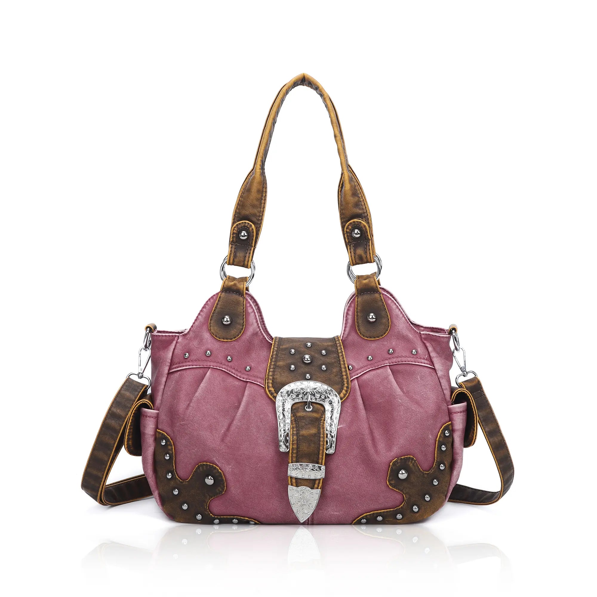 Studded Buckle Satchel Shoulder Bag with Crossbody Strap