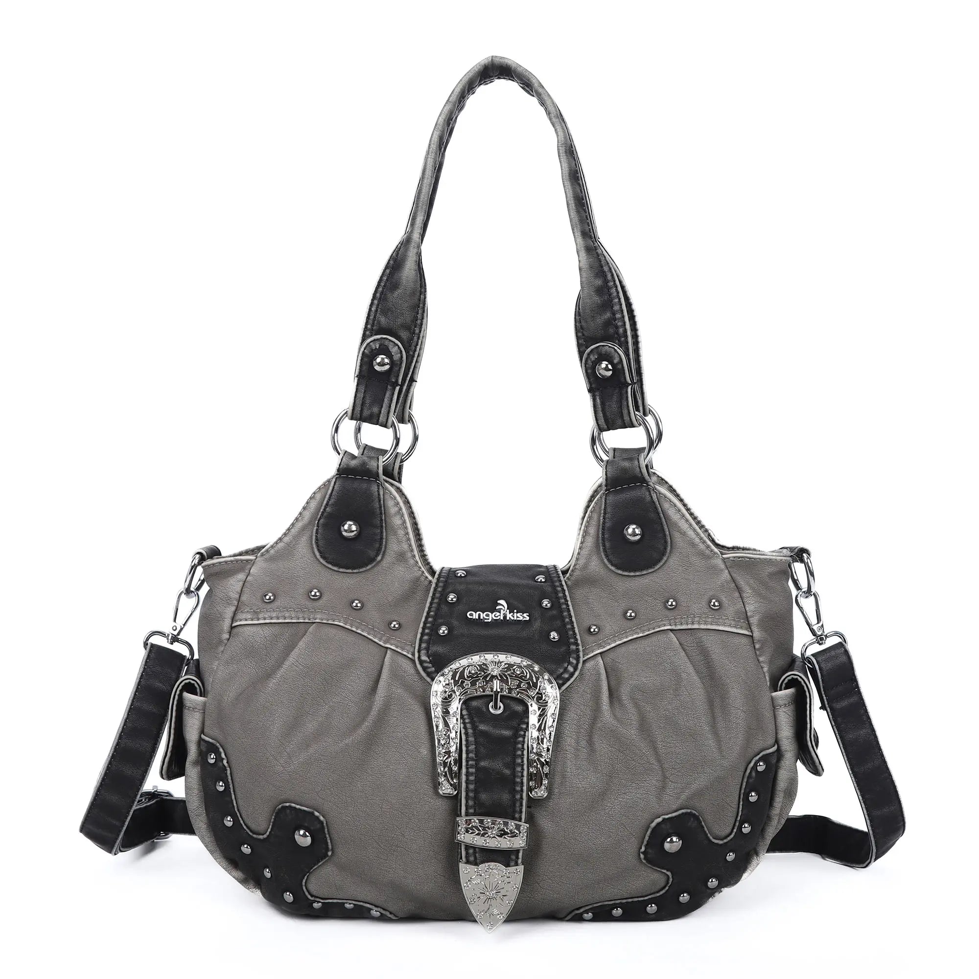 Studded Buckle Satchel Shoulder Bag with Crossbody Strap
