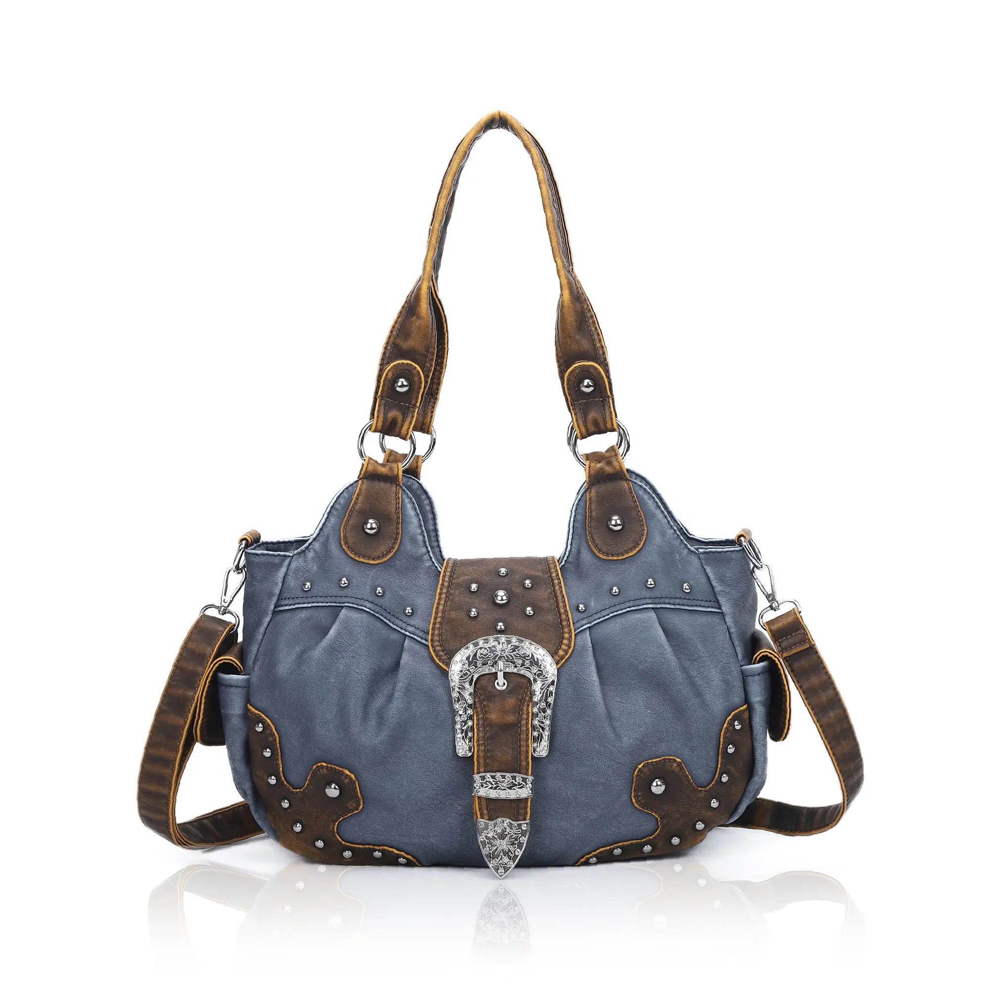 Studded Buckle Satchel Shoulder Bag with Crossbody Strap