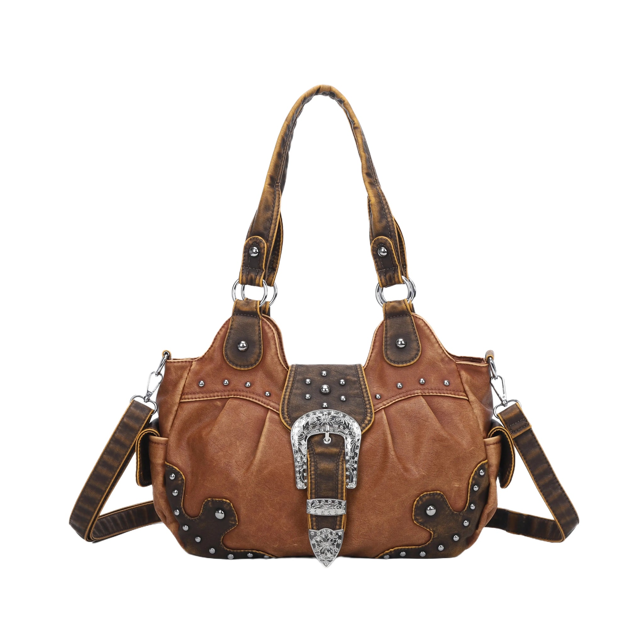 Studded Buckle Satchel Shoulder Bag with Crossbody Strap