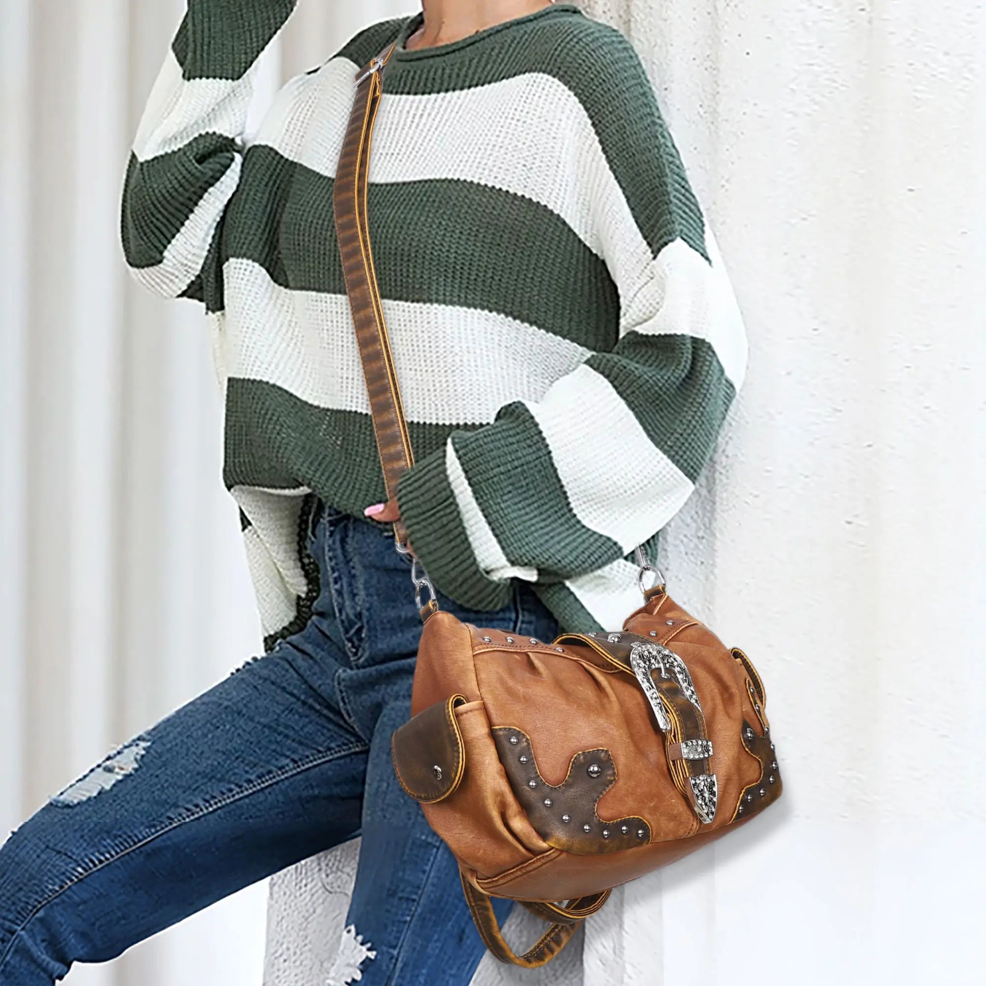 Studded Buckle Satchel Shoulder Bag with Crossbody Strap