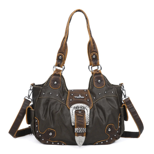 Studded Buckle Satchel Shoulder Bag with Crossbody Strap