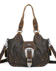 Studded Buckle Satchel Shoulder Bag with Crossbody Strap