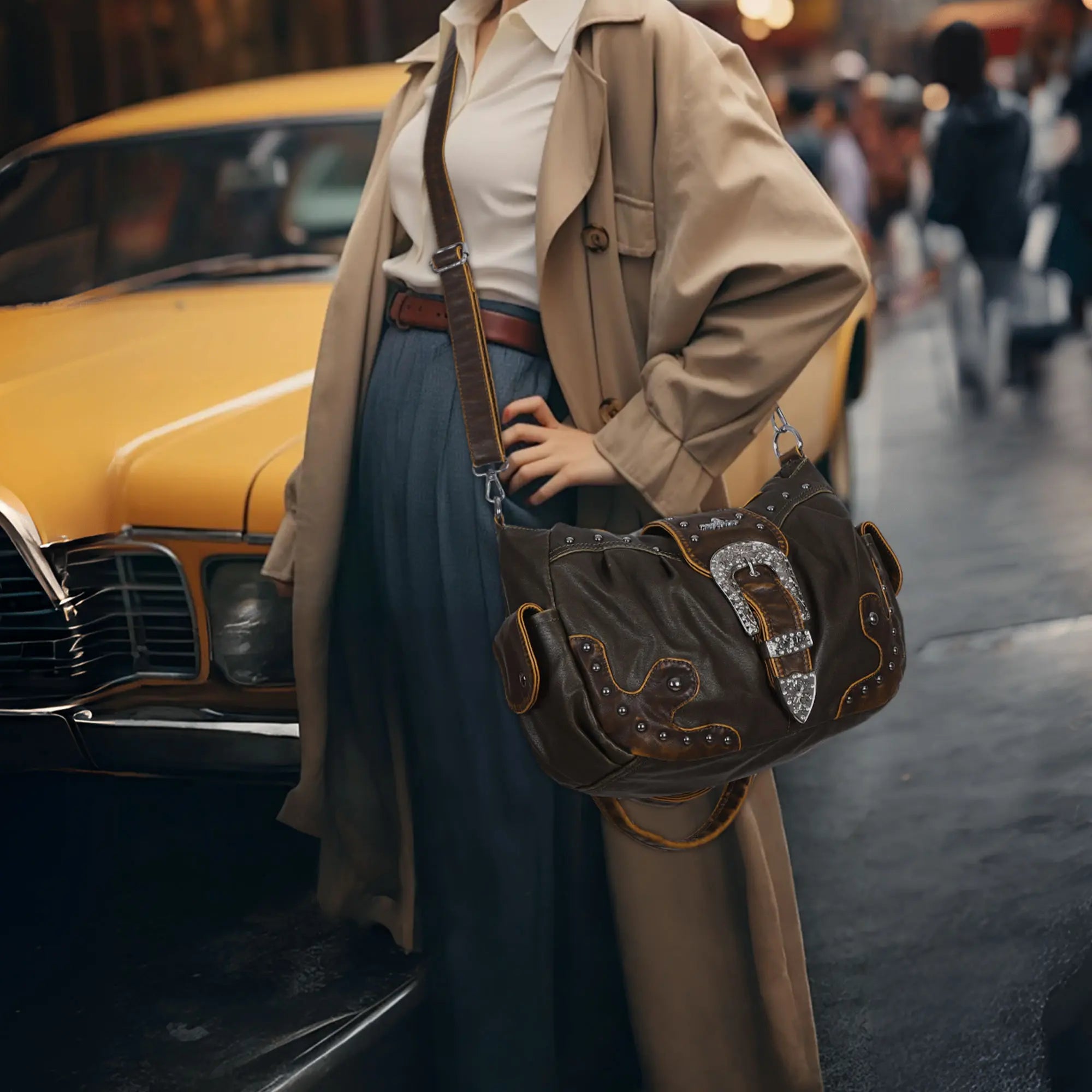 Studded Buckle Satchel Shoulder Bag with Crossbody Strap