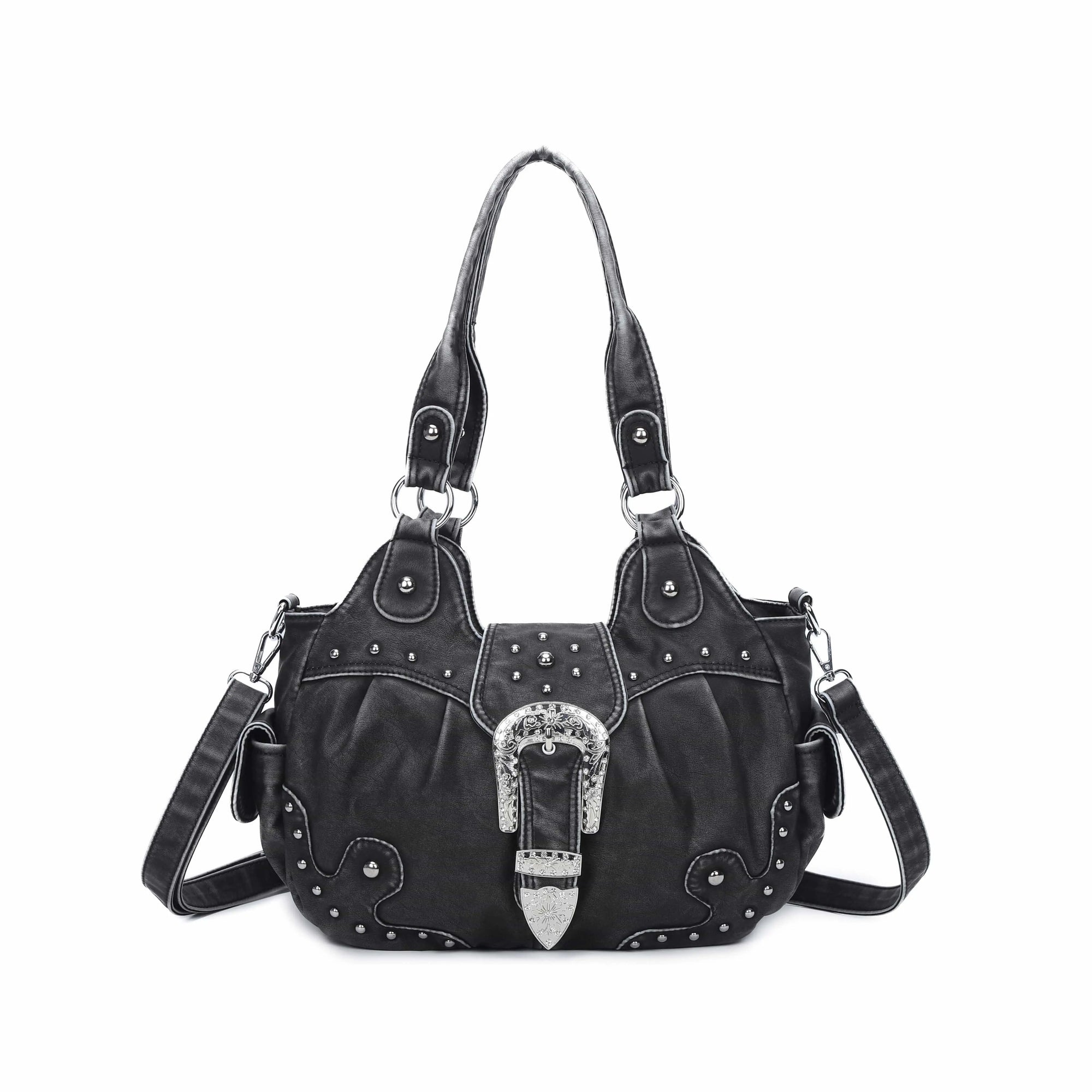 Studded Buckle Satchel Shoulder Bag with Crossbody Strap