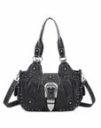 Studded Buckle Satchel Shoulder Bag with Crossbody Strap