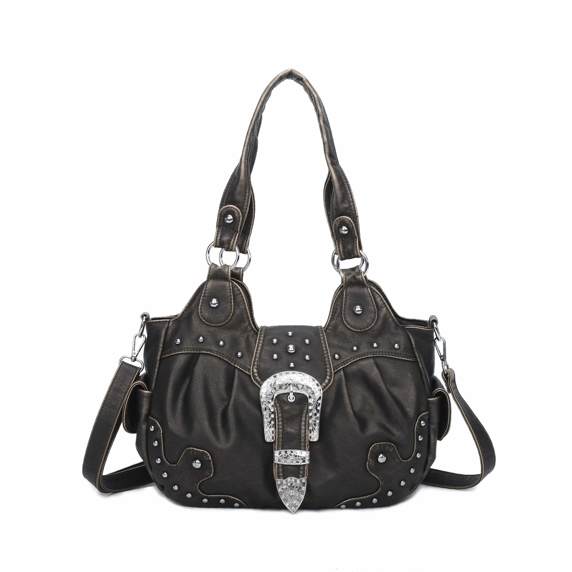Studded Buckle Satchel Shoulder Bag with Crossbody Strap