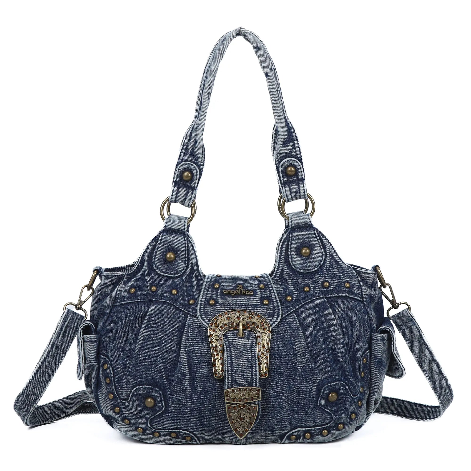 Studded Buckle Satchel Shoulder Bag with Crossbody Strap