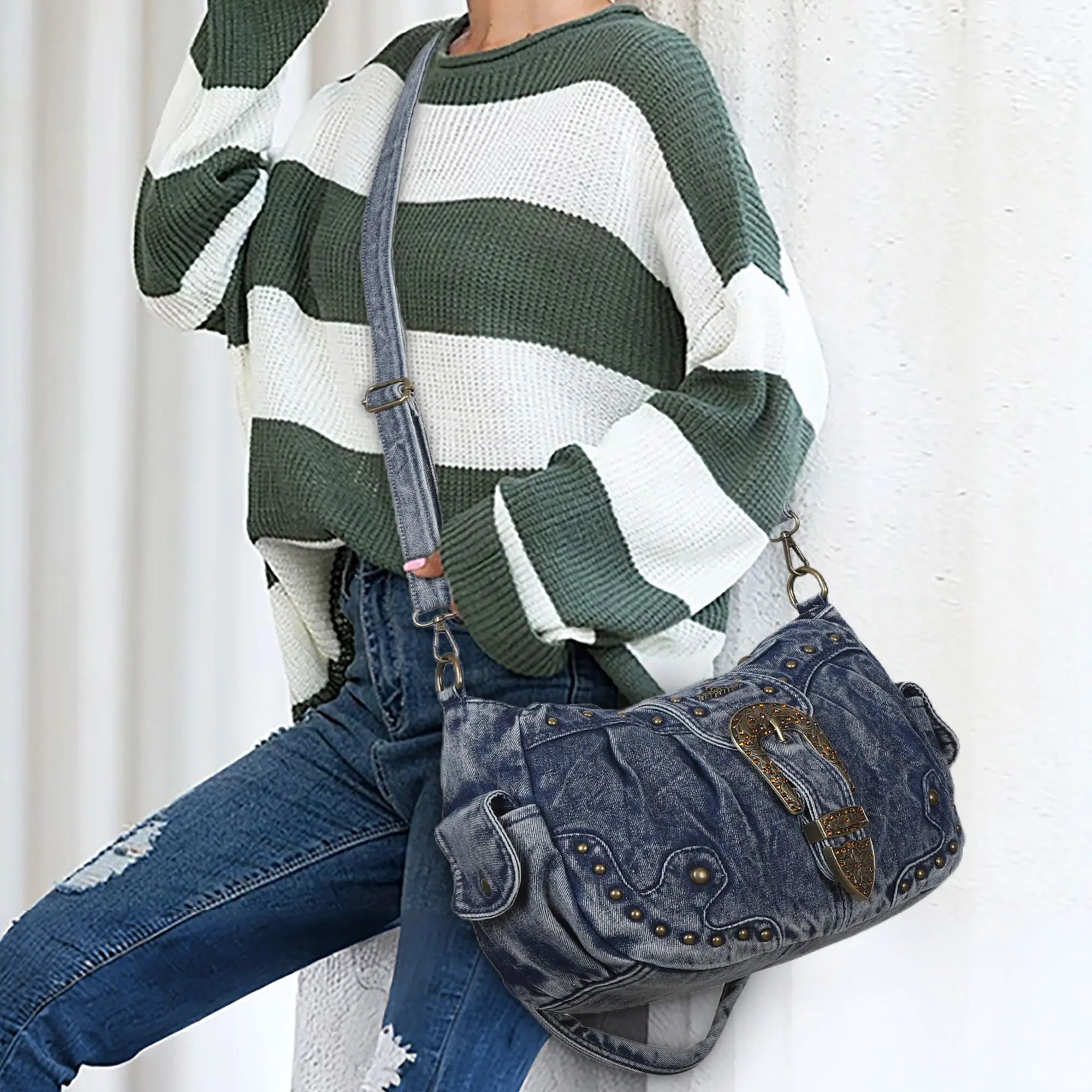 Studded Buckle Satchel Shoulder Bag with Crossbody Strap