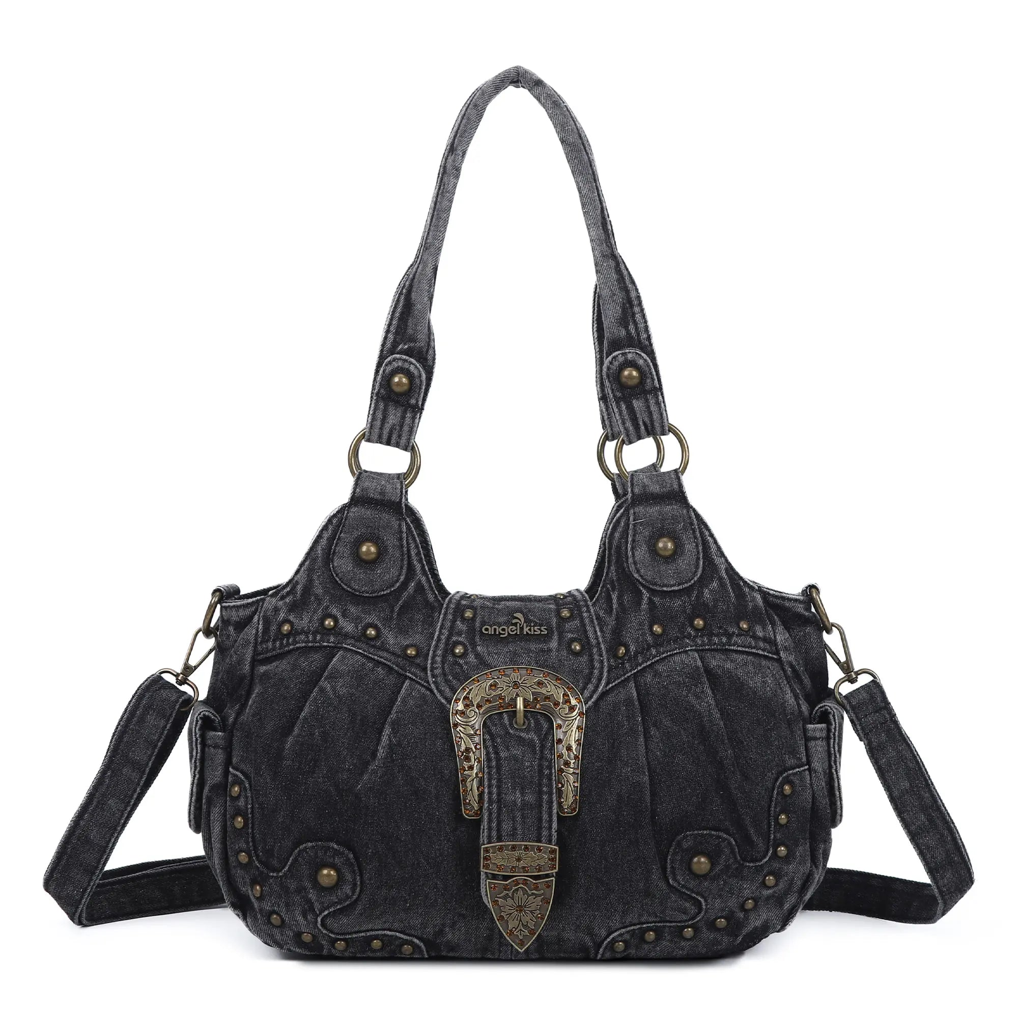 Studded Buckle Satchel Shoulder Bag with Crossbody Strap
