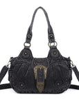Studded Buckle Satchel Shoulder Bag with Crossbody Strap