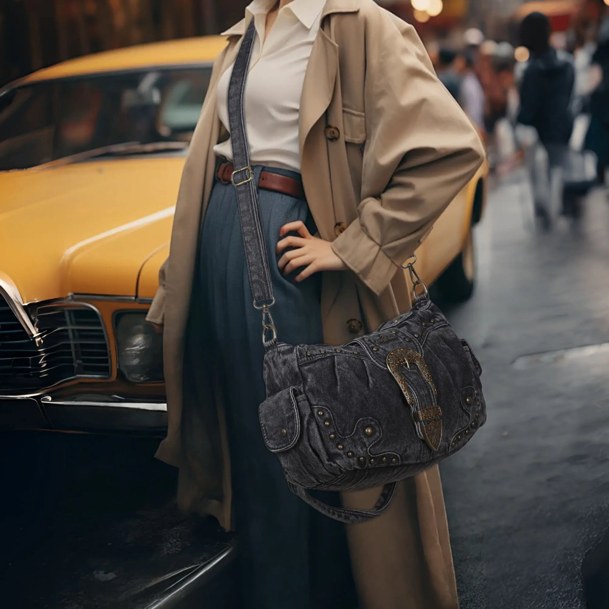 Studded Buckle Satchel Shoulder Bag with Crossbody Strap