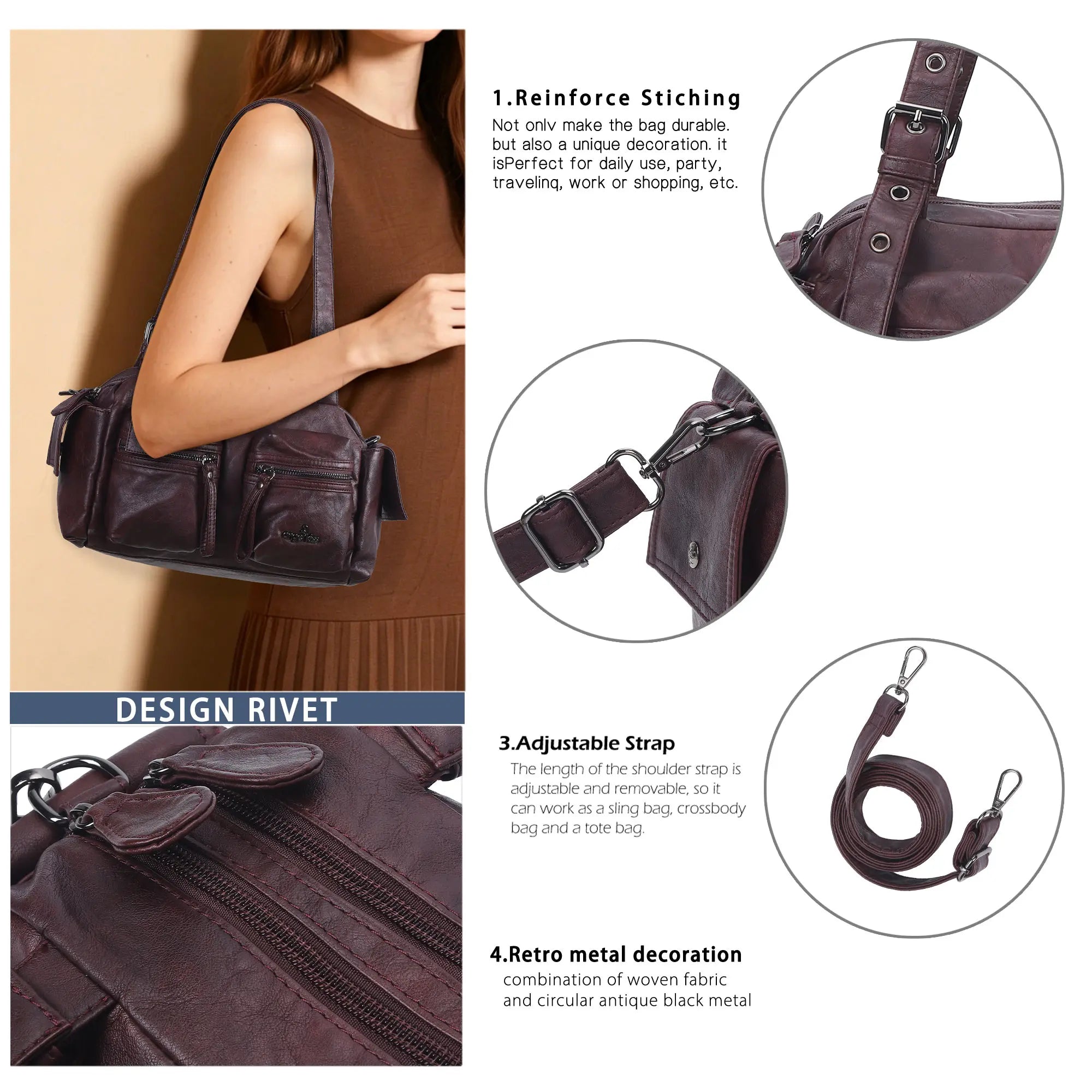 Women’s Multi-Pocket Satchel Purse | Shoulder &amp; Crossbody Handbag
