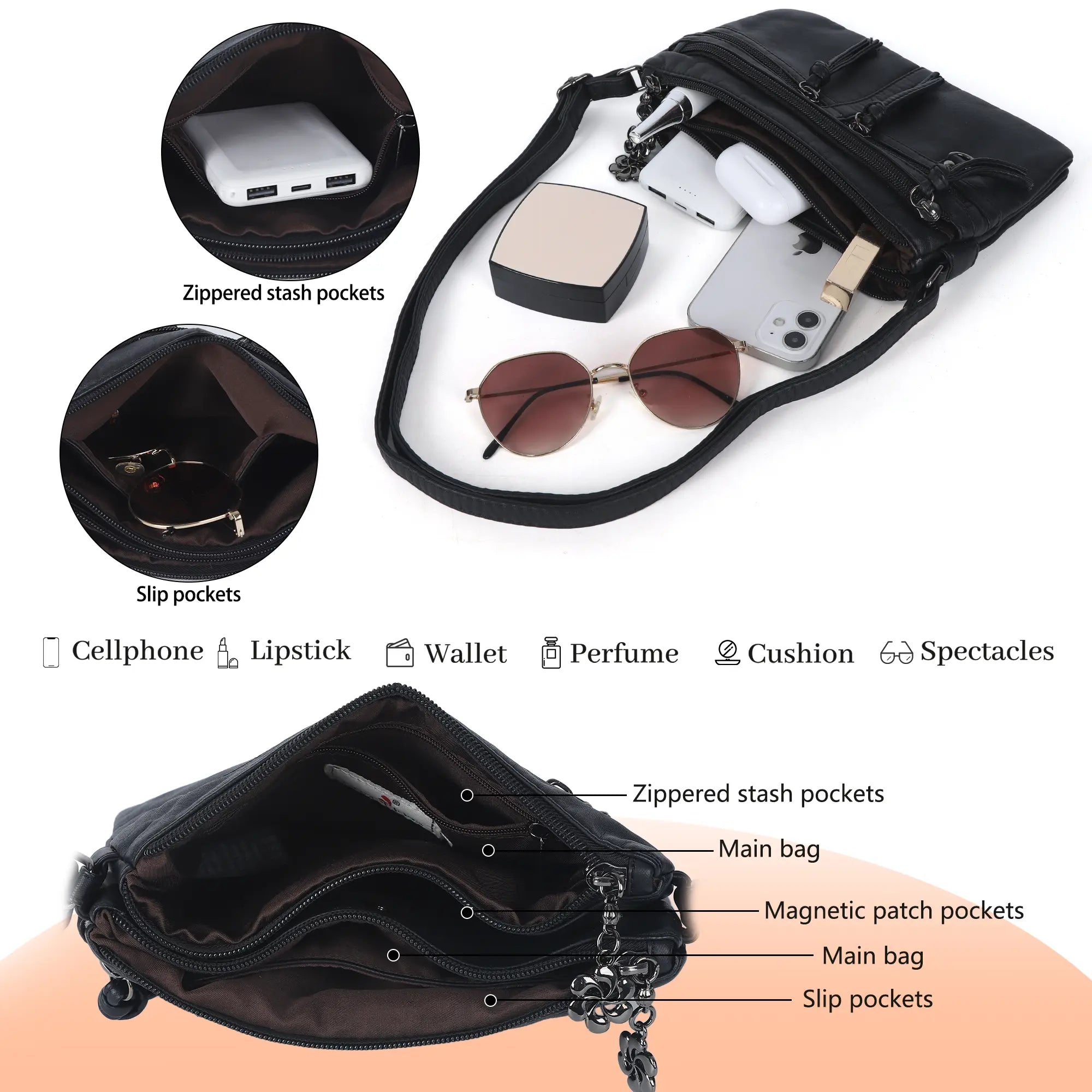 Multi-Zip Crossbody Purse with Tassel Pulls
