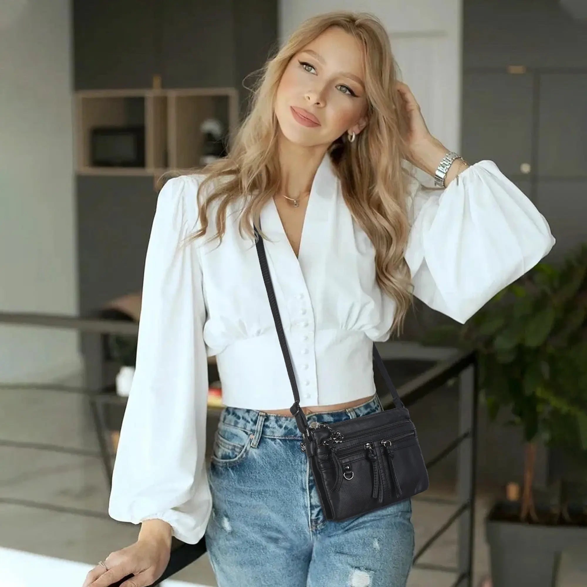 Multi-Zip Crossbody Purse with Tassel Pulls