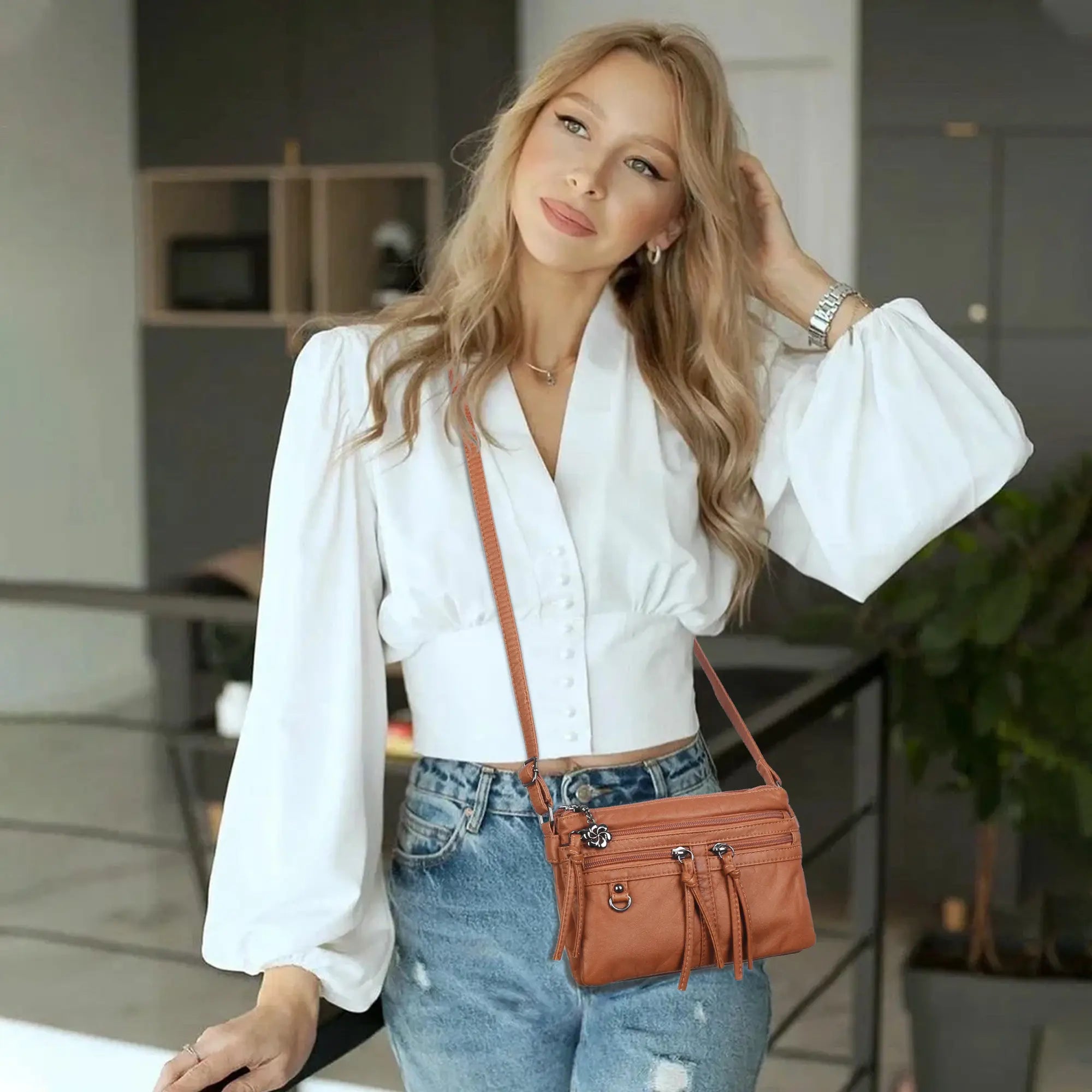 Multi-Zip Crossbody Purse with Tassel Pulls