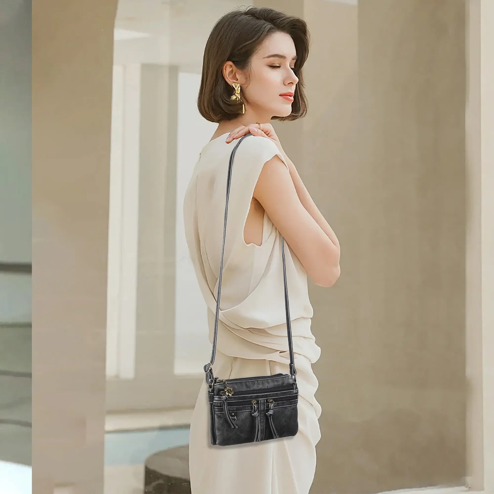 Multi-Zip Crossbody Purse with Tassel Pulls