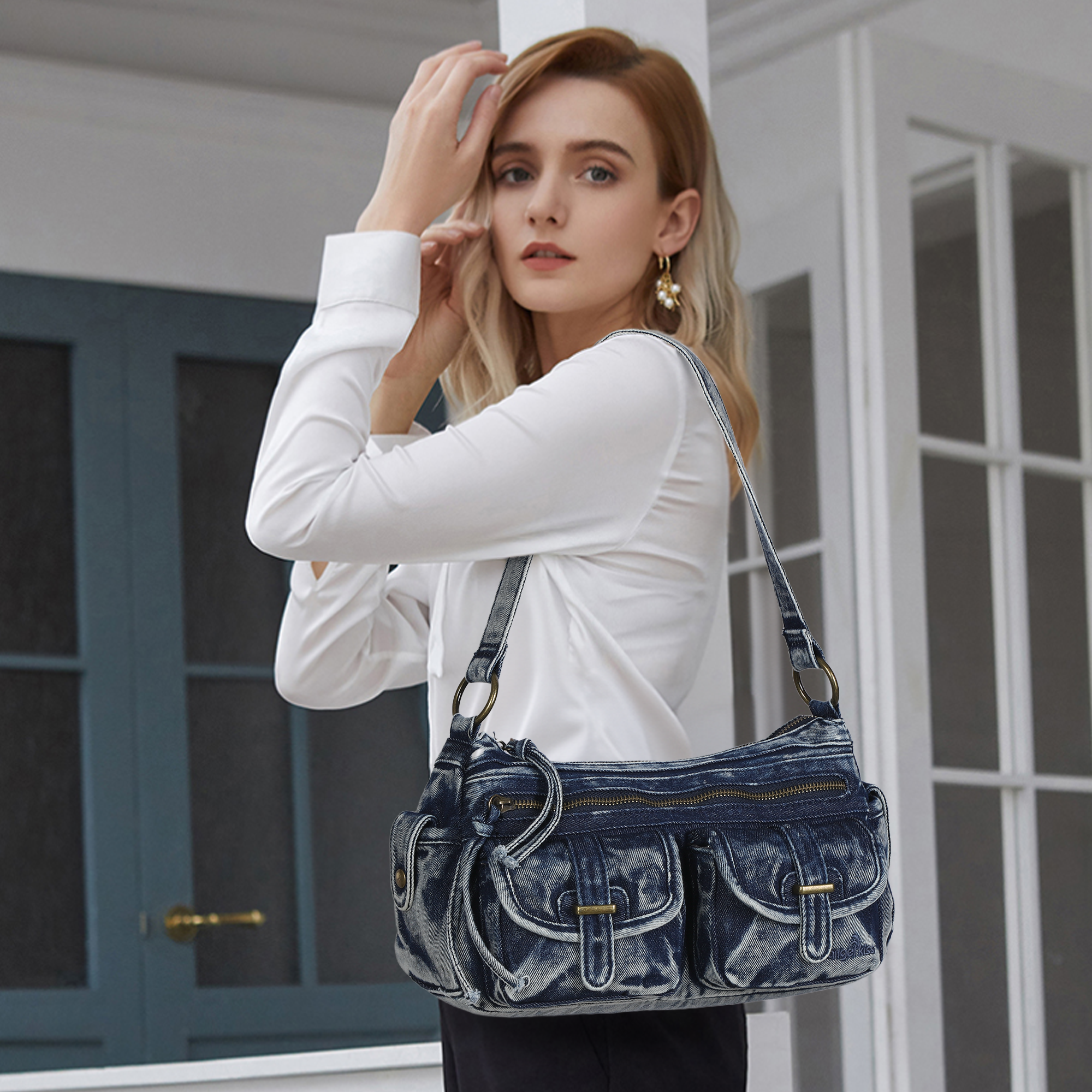 Small Shoulder Bag with Front Pockets and Chain Details