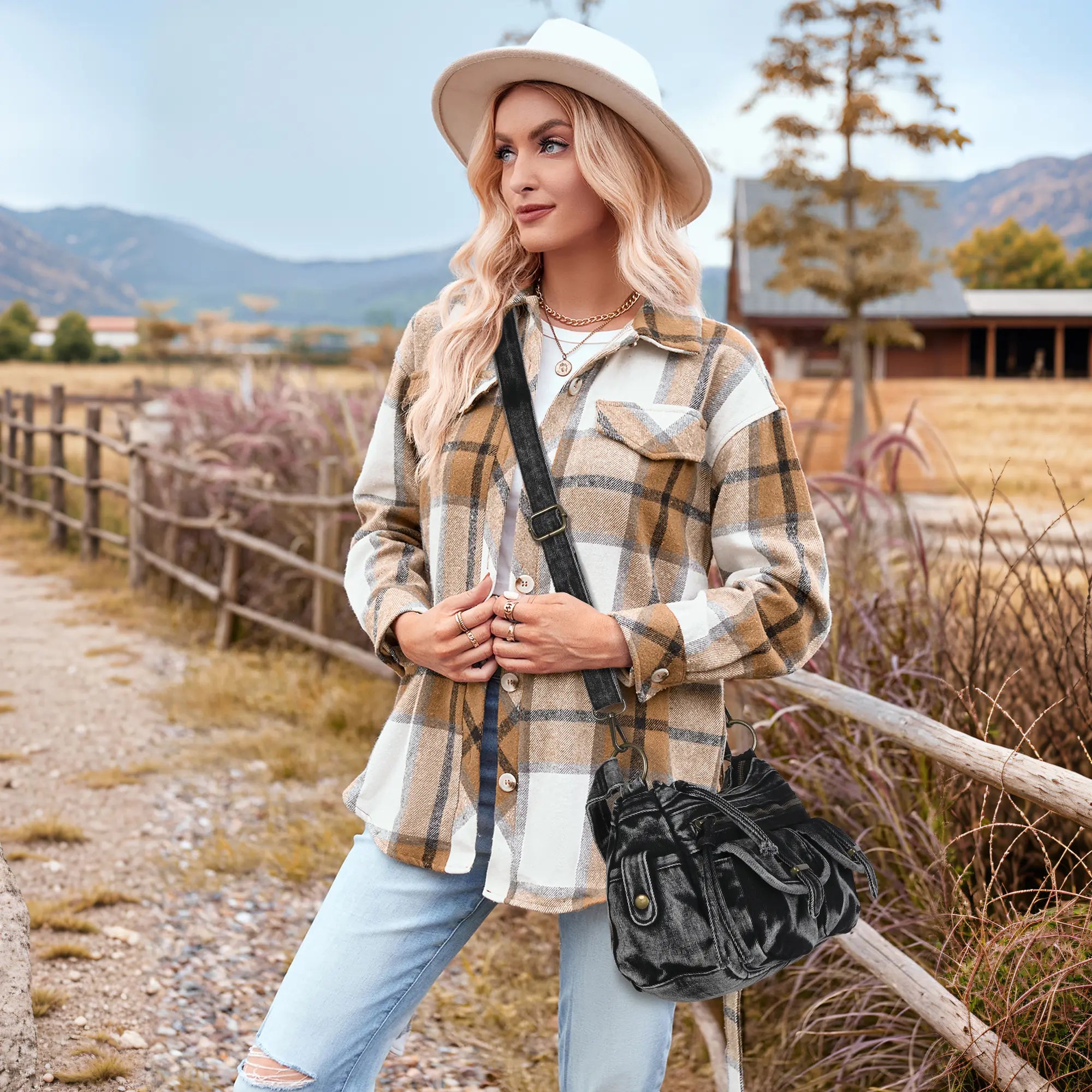Small Shoulder Bag with Front Pockets and Chain Details