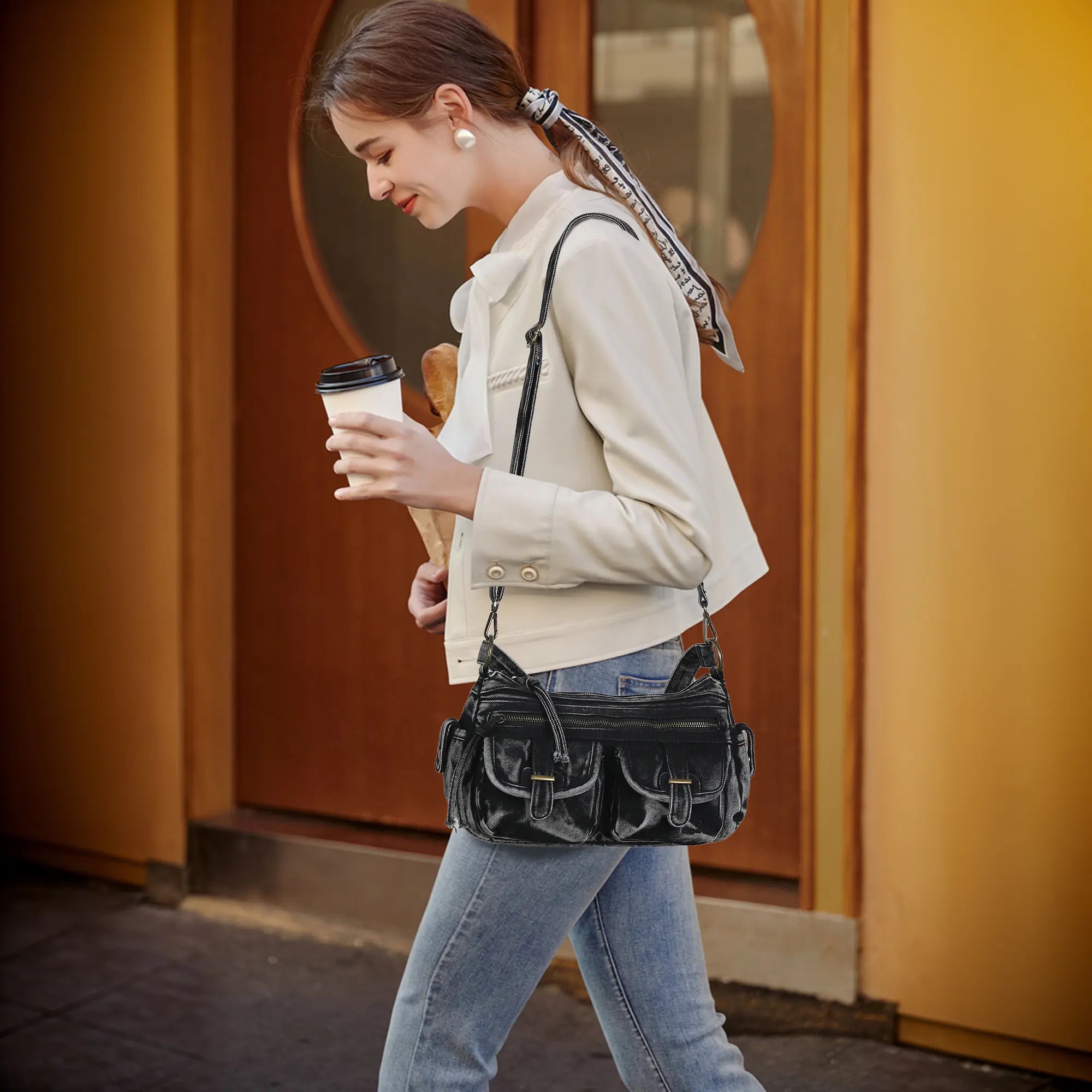 Small Shoulder Bag with Front Pockets and Chain Details