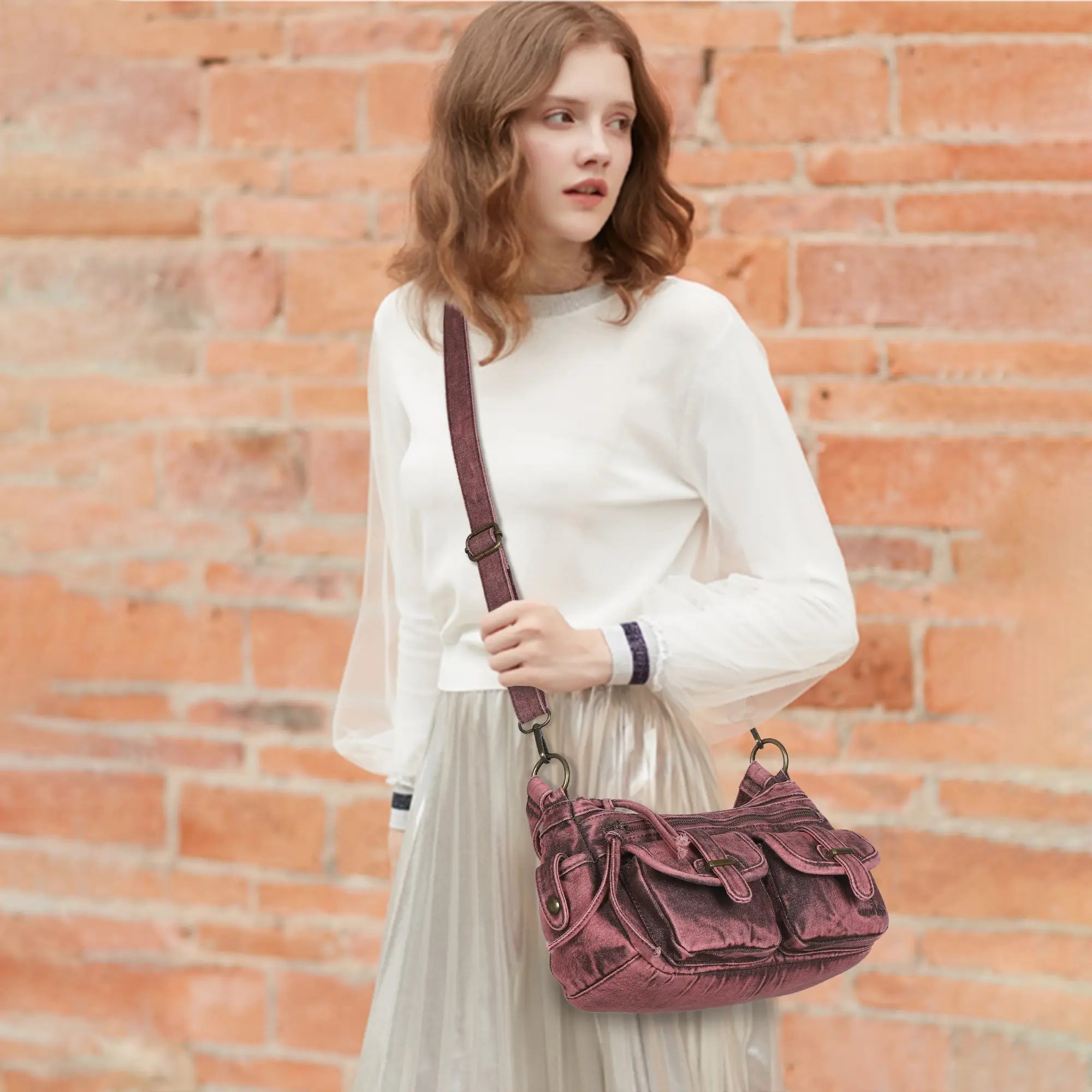 Small Shoulder Bag with Front Pockets and Chain Details