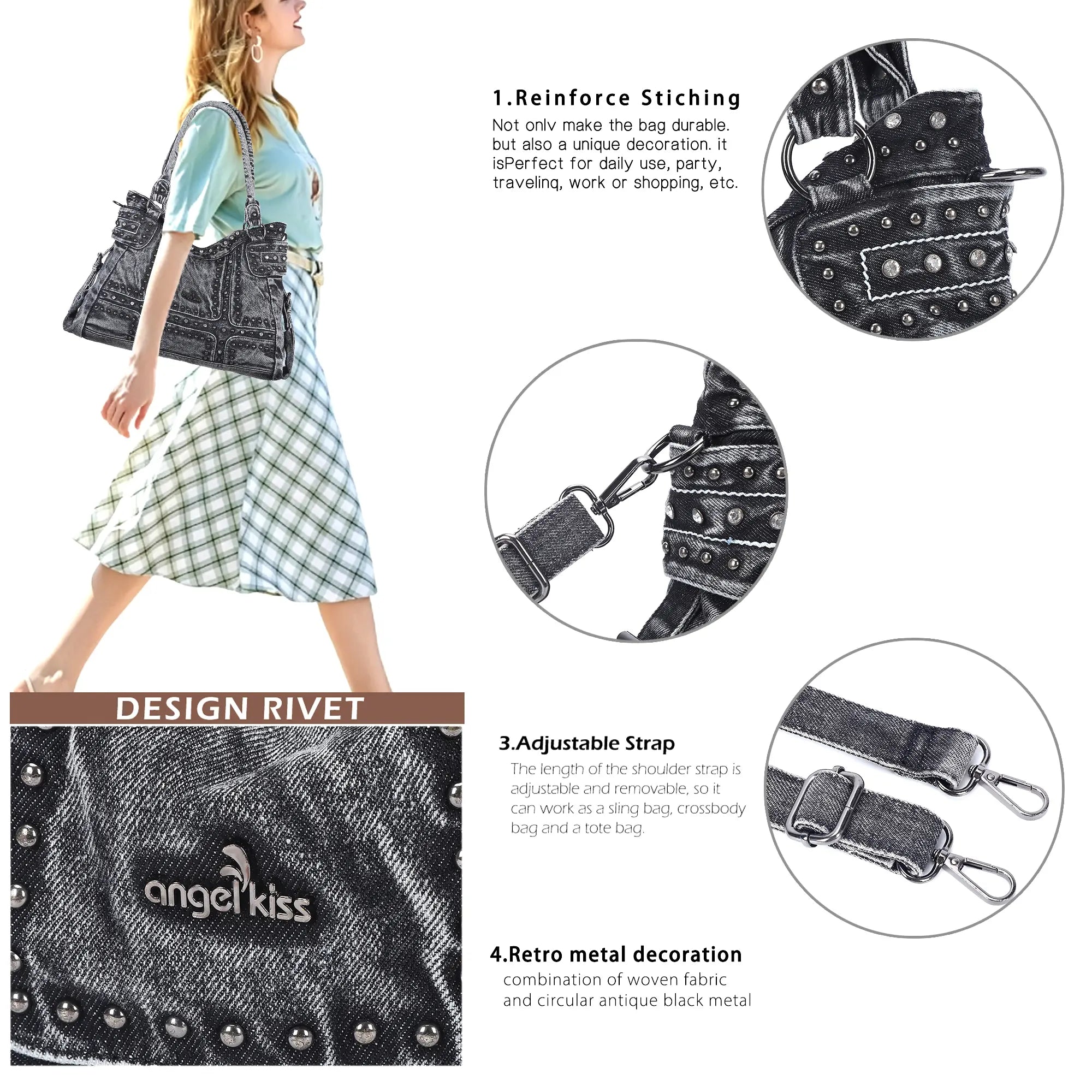 Oversized Vintage Denim Tote Bag | Studded Y2K Shoulder Purse