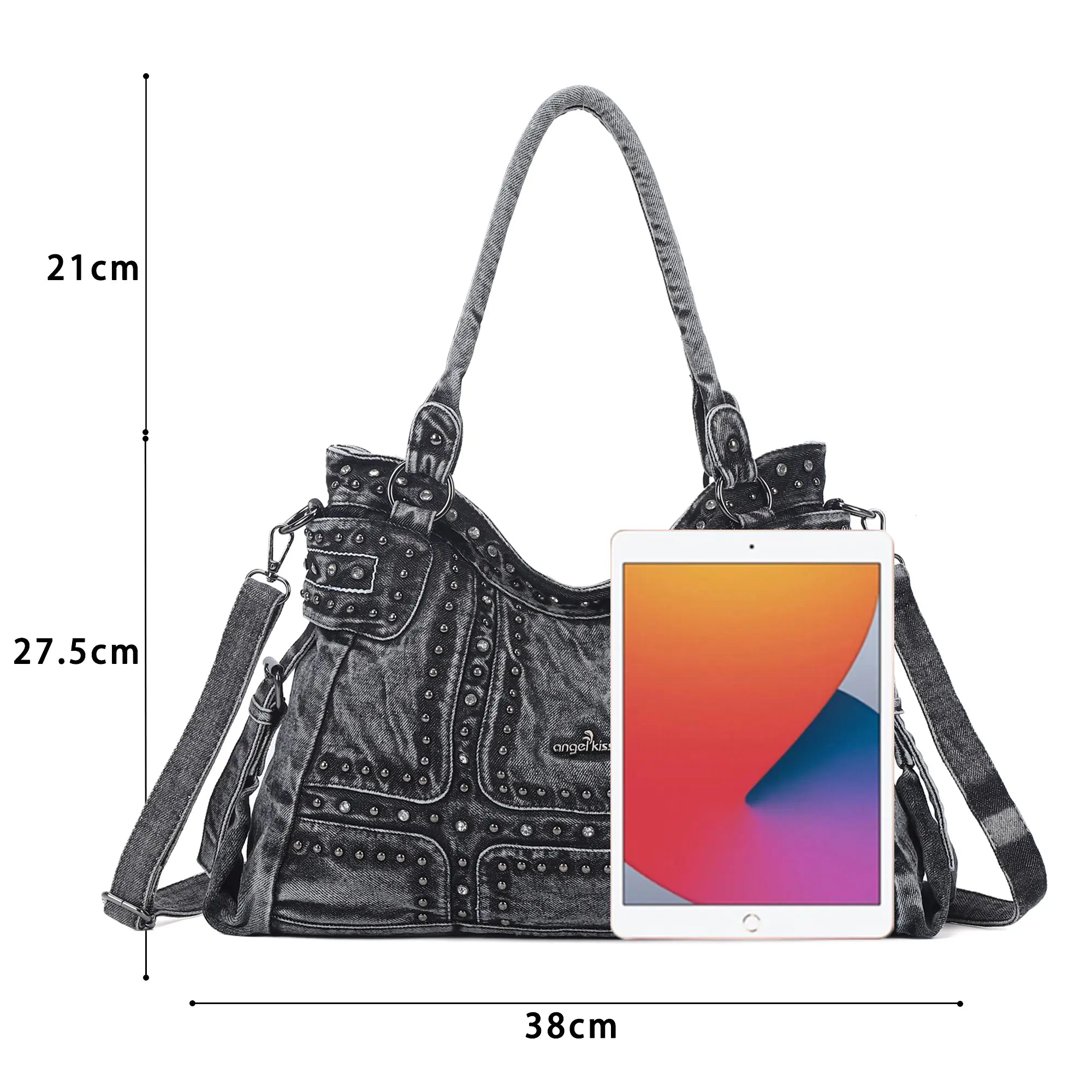 Oversized Vintage Denim Tote Bag | Studded Y2K Shoulder Purse