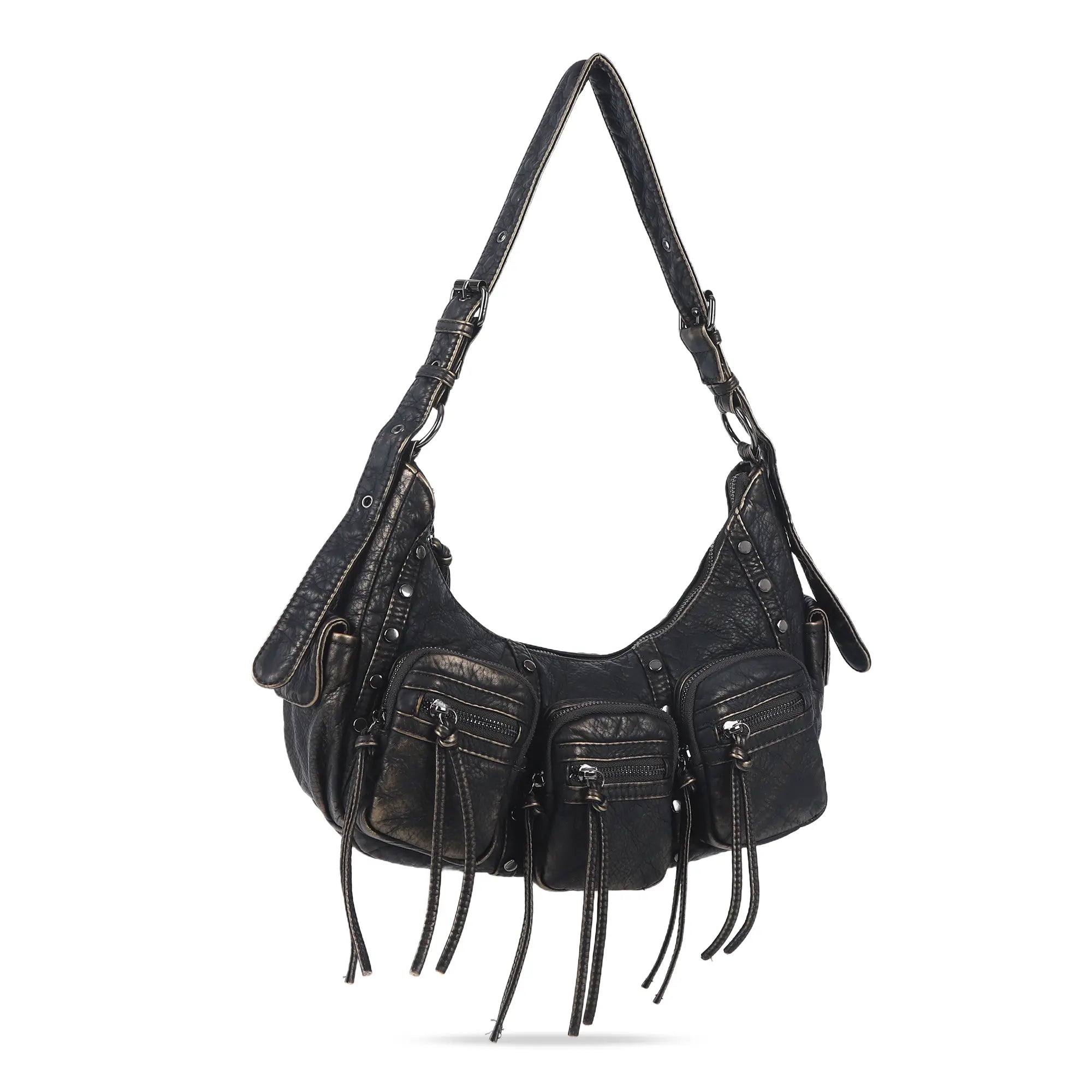 Small Y2K Biker Hobo Shoulder Bag with Fringe