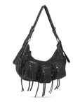 Small Y2K Biker Hobo Shoulder Bag with Fringe