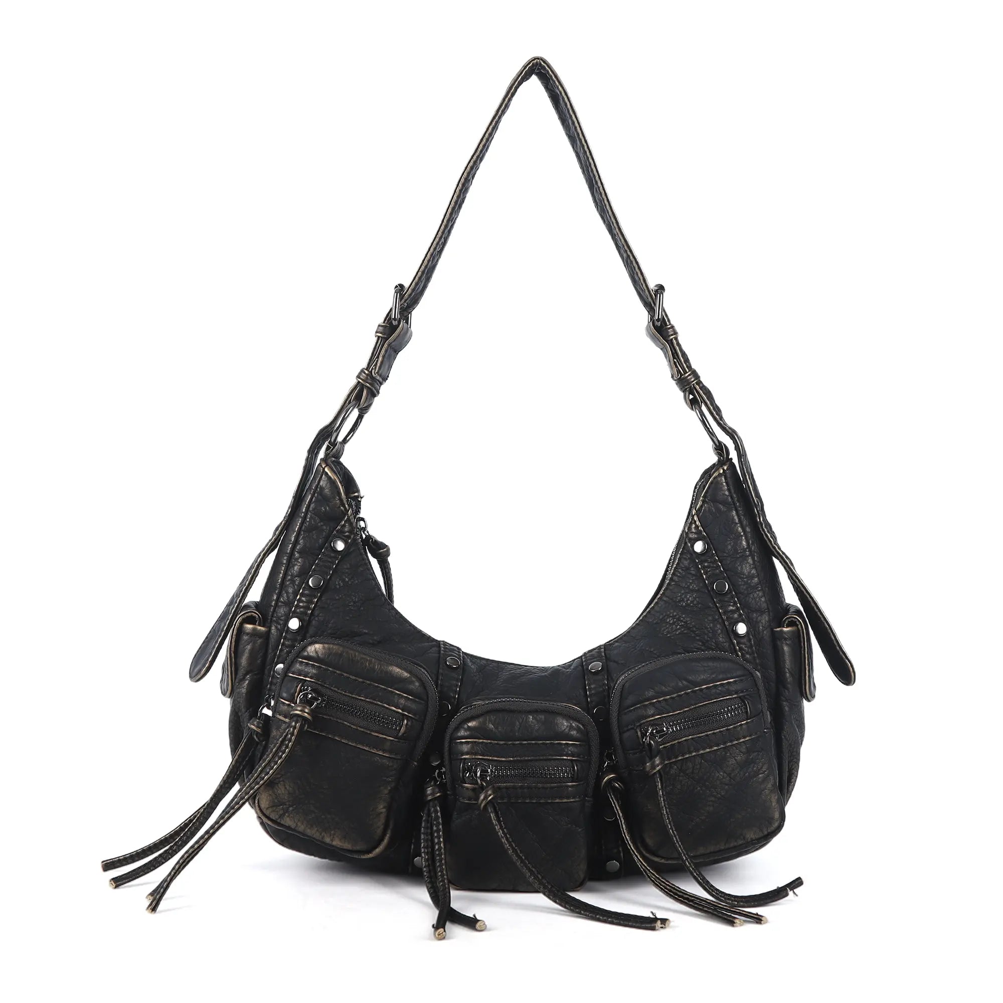 Small Y2K Biker Hobo Shoulder Bag with Fringe