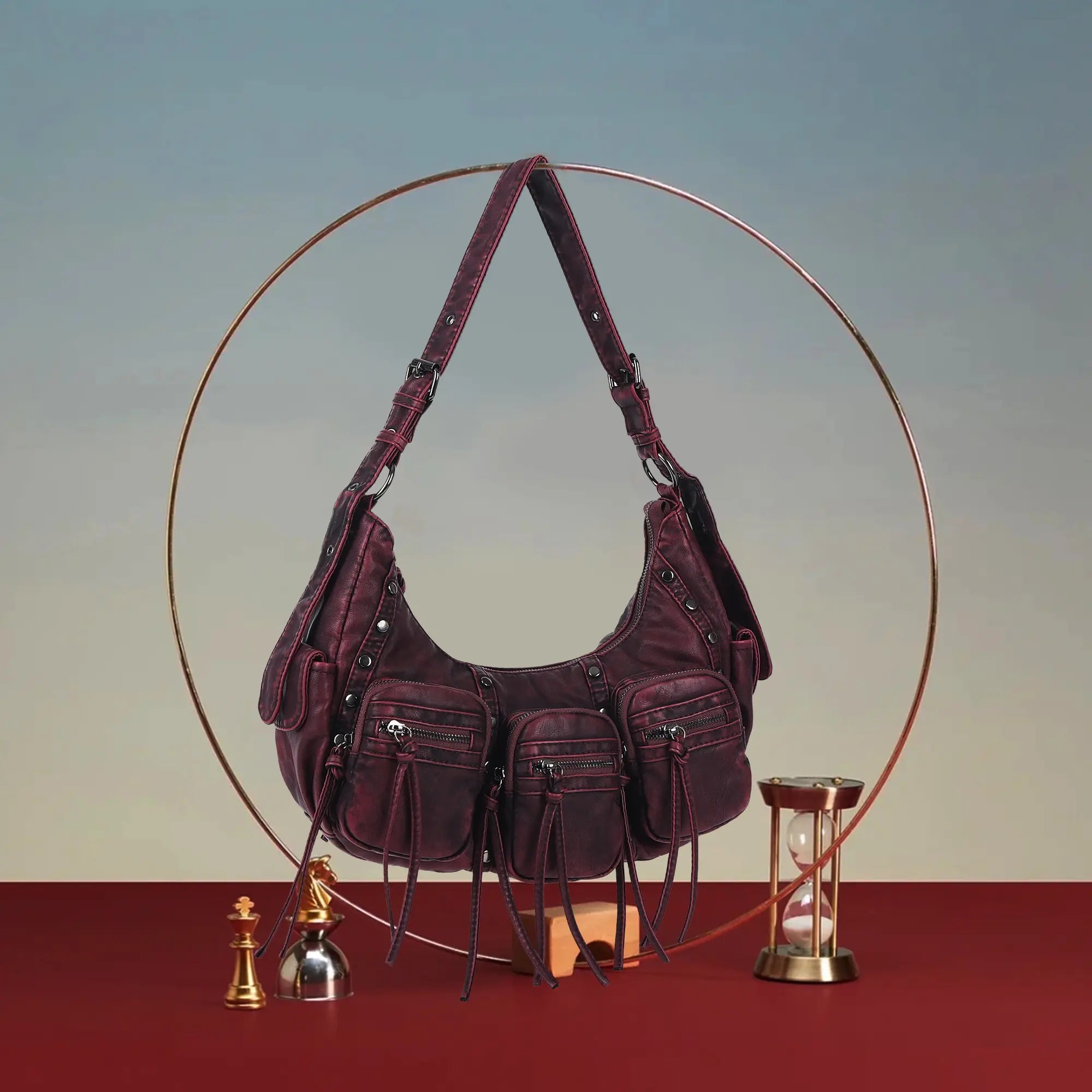 Small Y2K Biker Hobo Shoulder Bag with Fringe