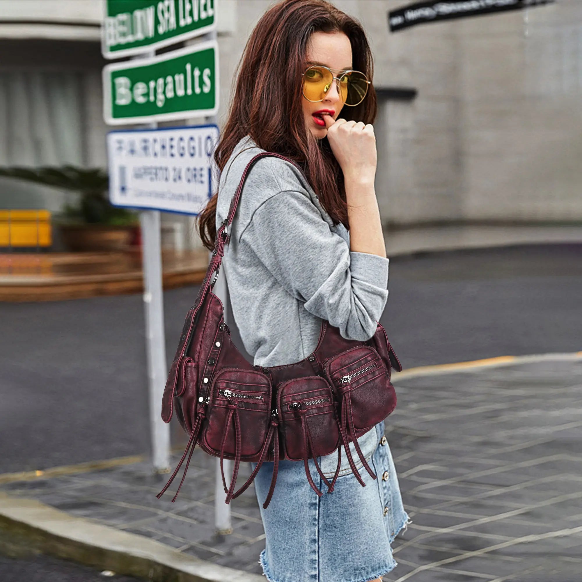 Small Y2K Biker Hobo Shoulder Bag with Fringe