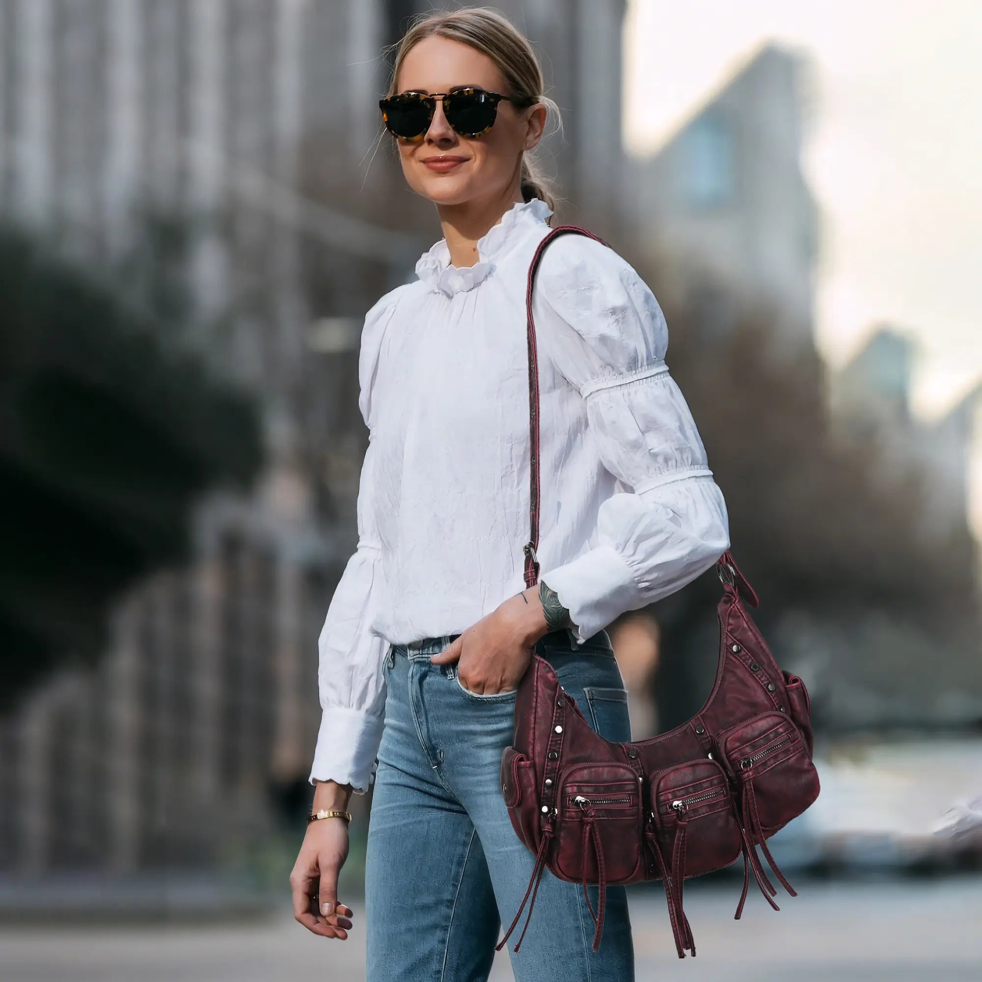 Small Y2K Biker Hobo Shoulder Bag with Fringe