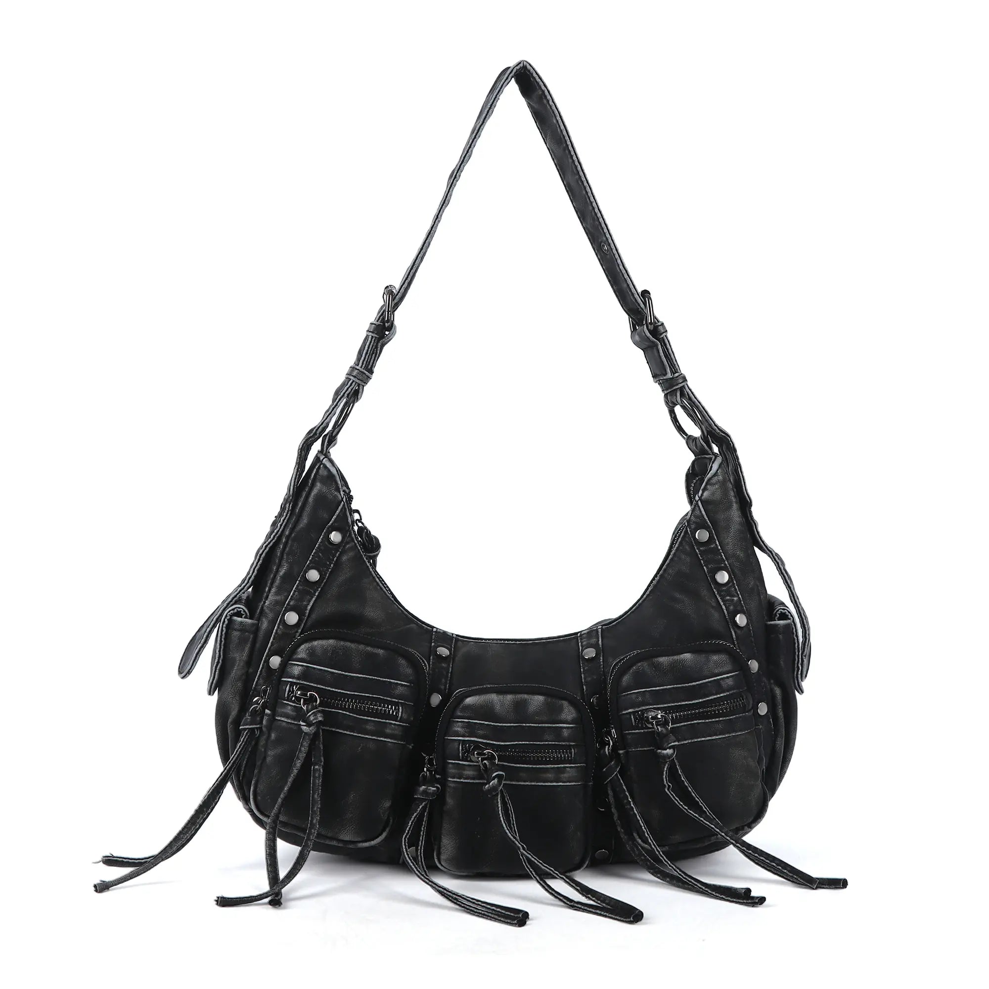 Small Y2K Biker Hobo Shoulder Bag with Fringe