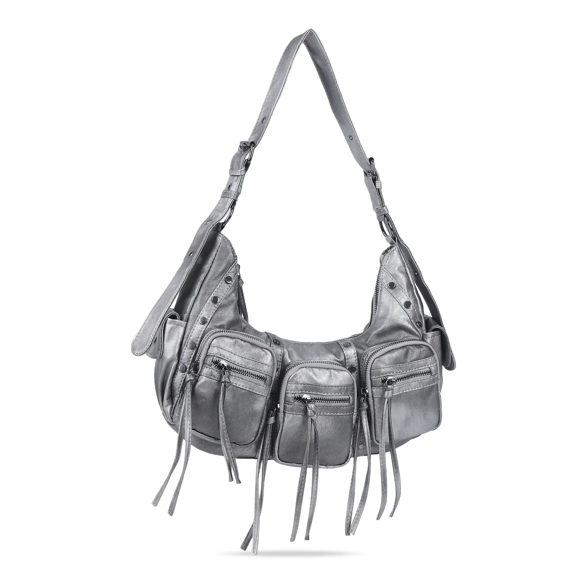 Small Y2K Biker Hobo Shoulder Bag with Fringe