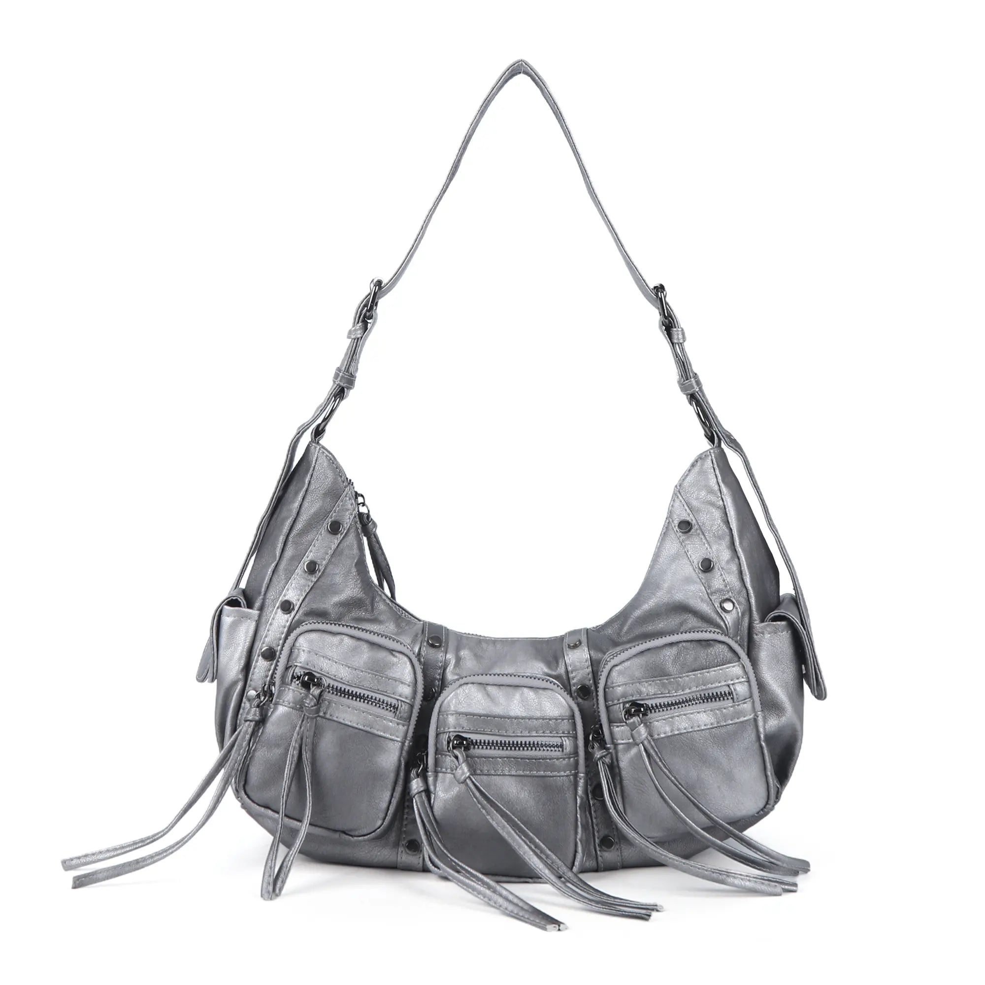 Small Y2K Biker Hobo Shoulder Bag with Fringe