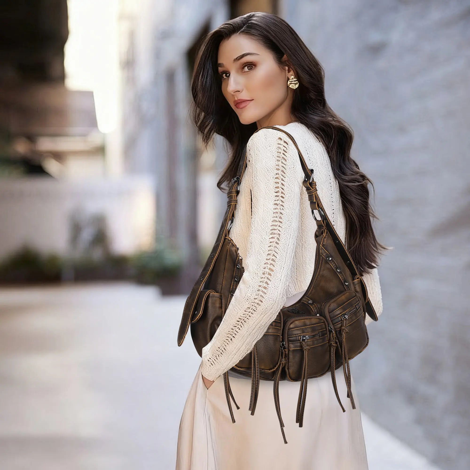 Small Y2K Biker Hobo Shoulder Bag with Fringe