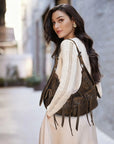 Small Y2K Biker Hobo Shoulder Bag with Fringe