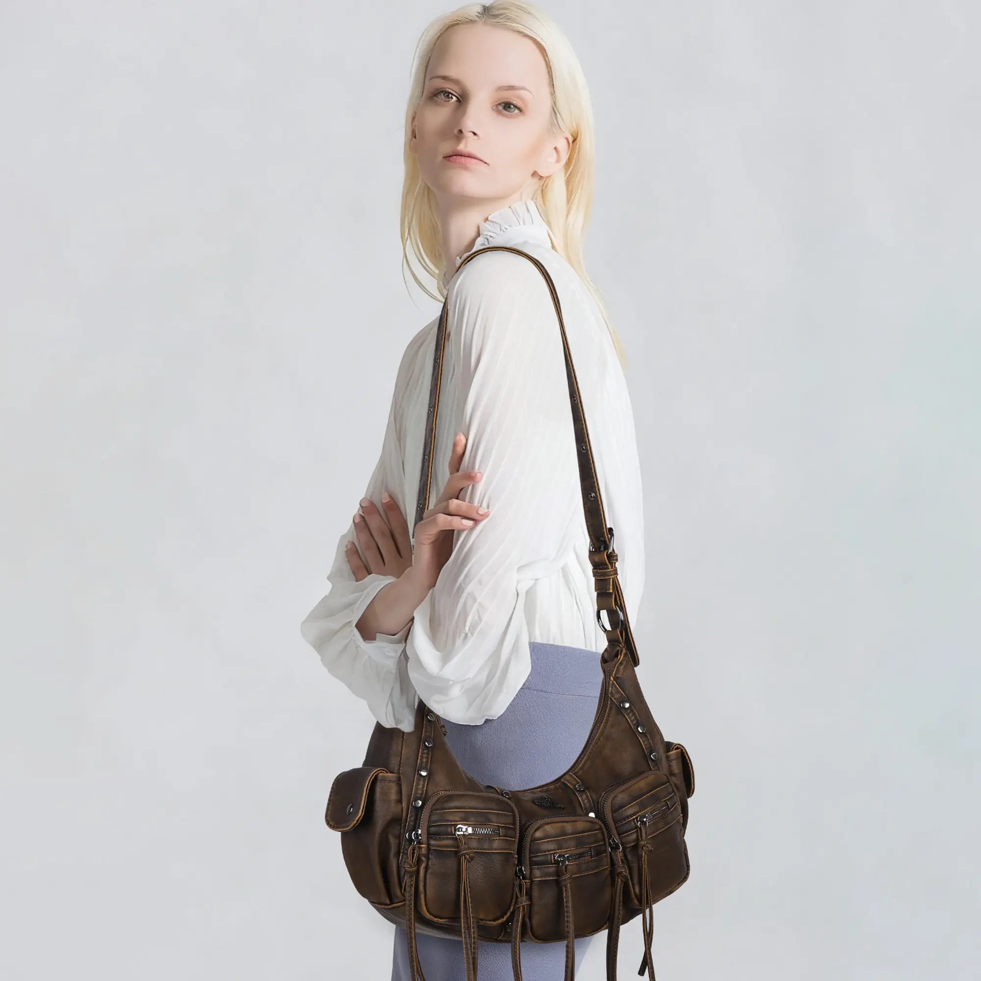 Small Y2K Biker Hobo Shoulder Bag with Fringe