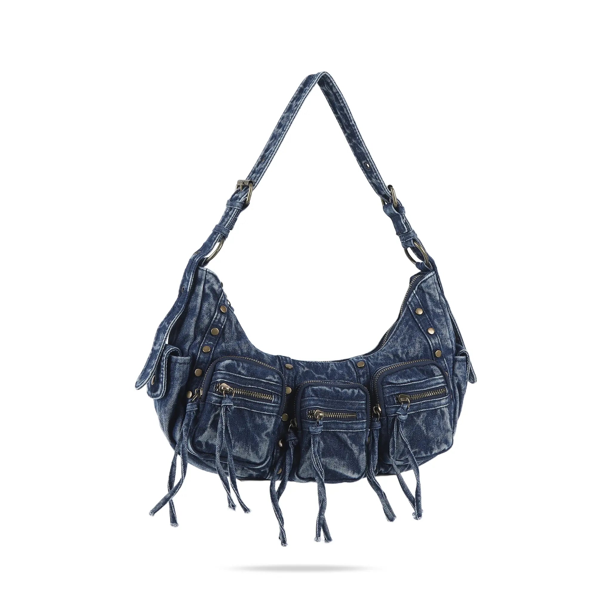 Small Y2K Biker Hobo Shoulder Bag with Fringe