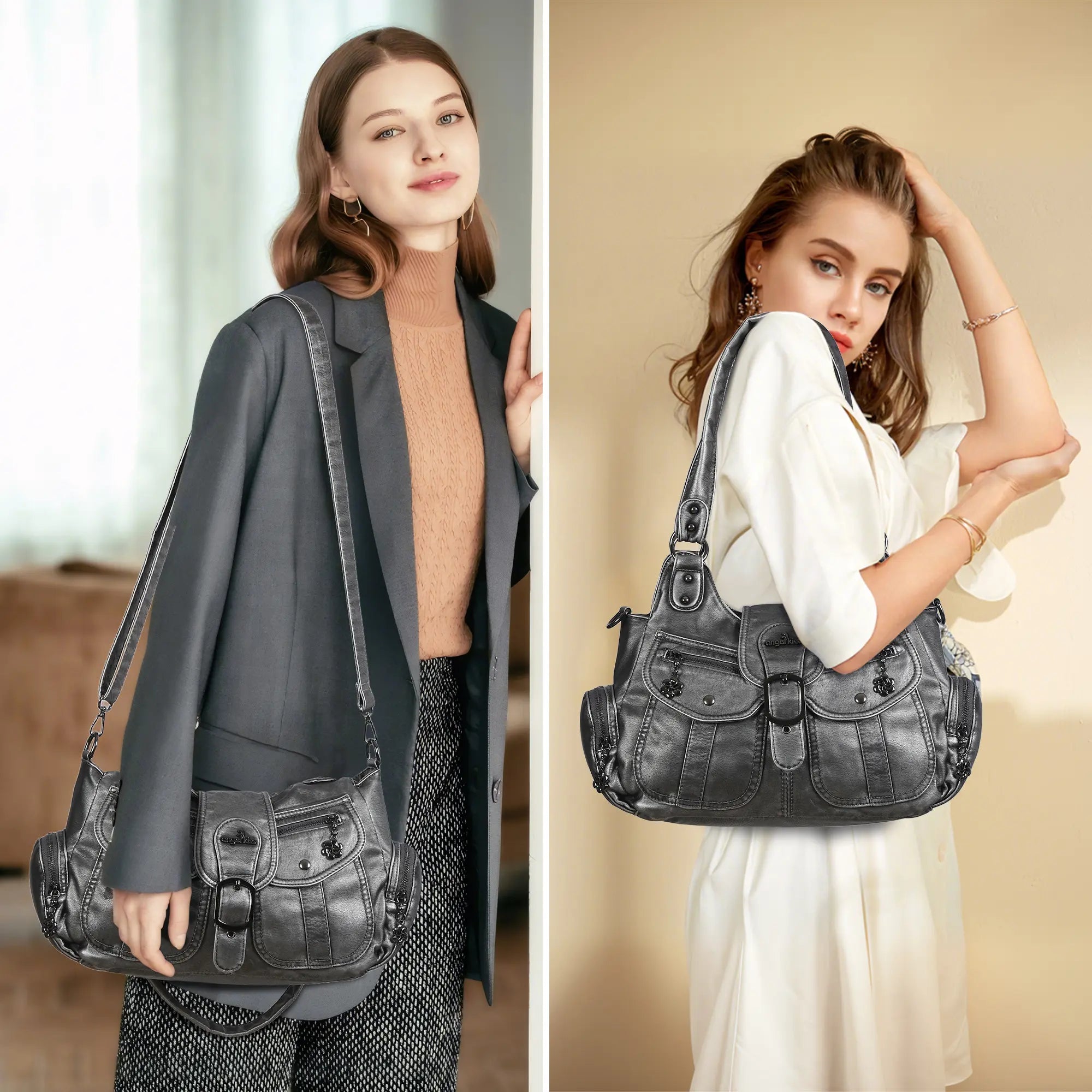 Large Braided Multi-Pocket Hobo Shoulder Bag with Crossbody Strap