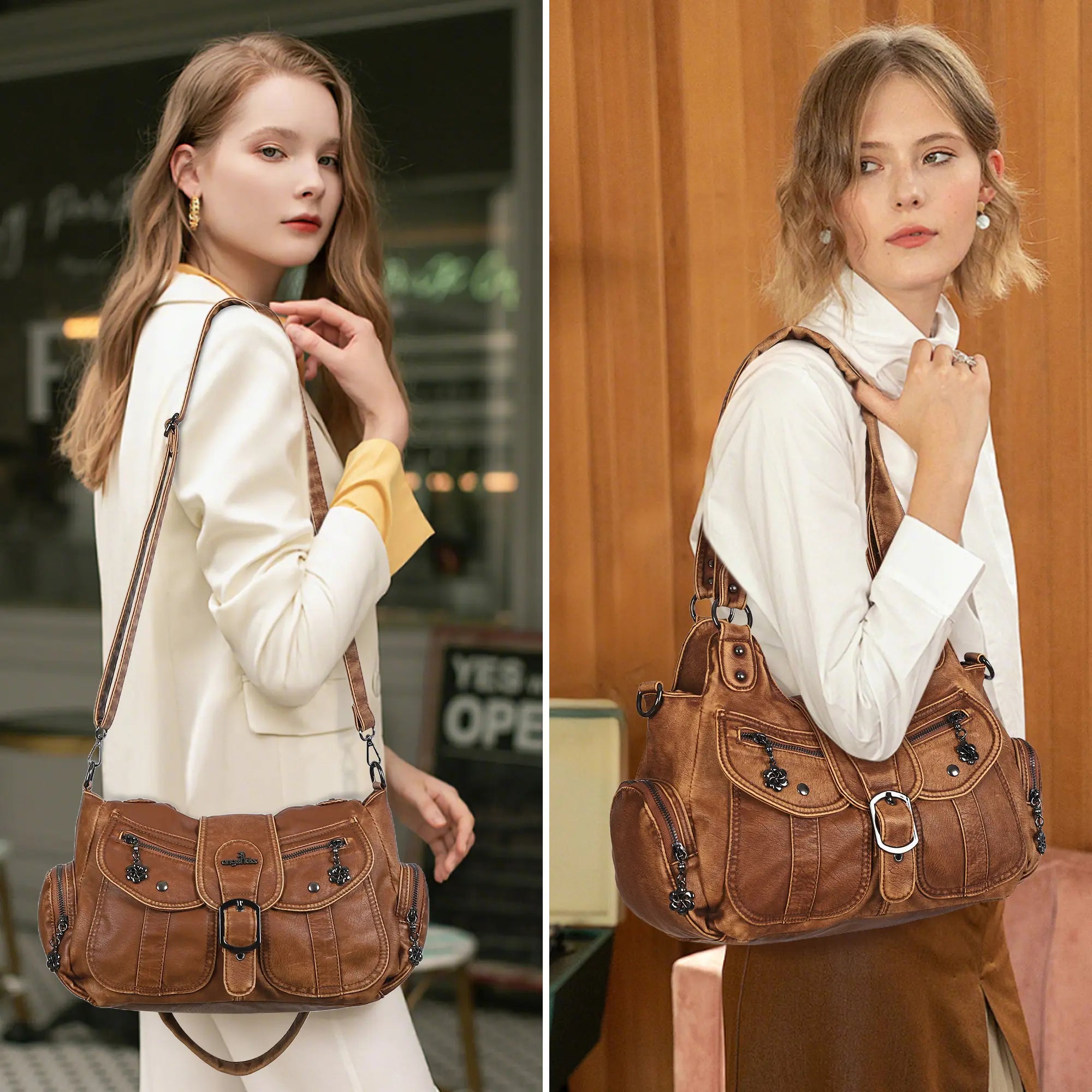 Large Braided Multi-Pocket Hobo Shoulder Bag with Crossbody Strap